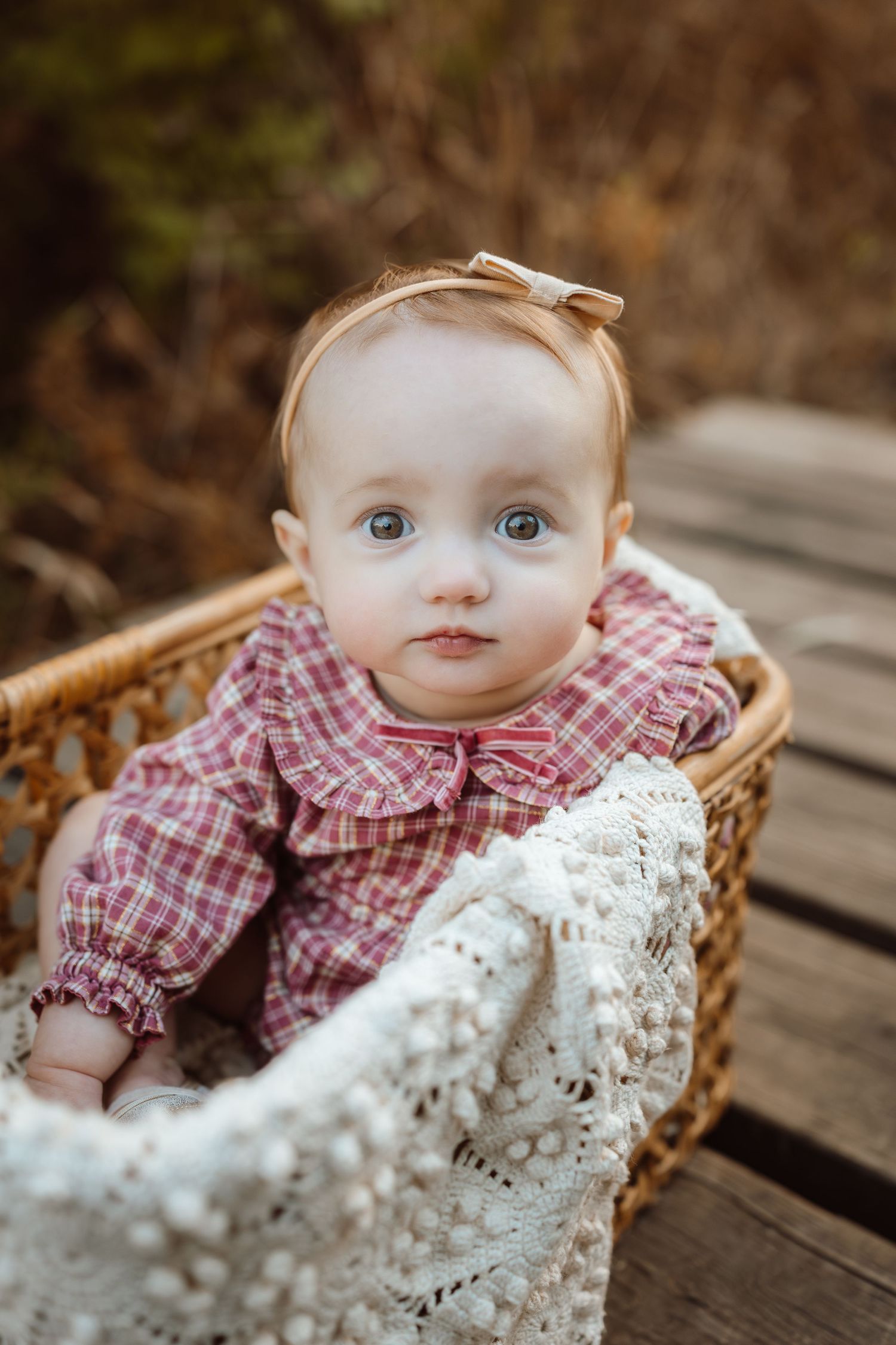 Young girl sits in basket in a Des Moines area park during a lifestyle family child milestone photo session.