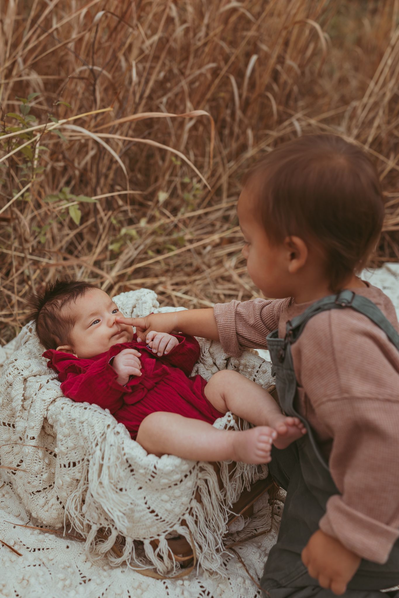 Brother touches baby girl's nose in a Des Moines area park during a lifestyle child milestone photo session.