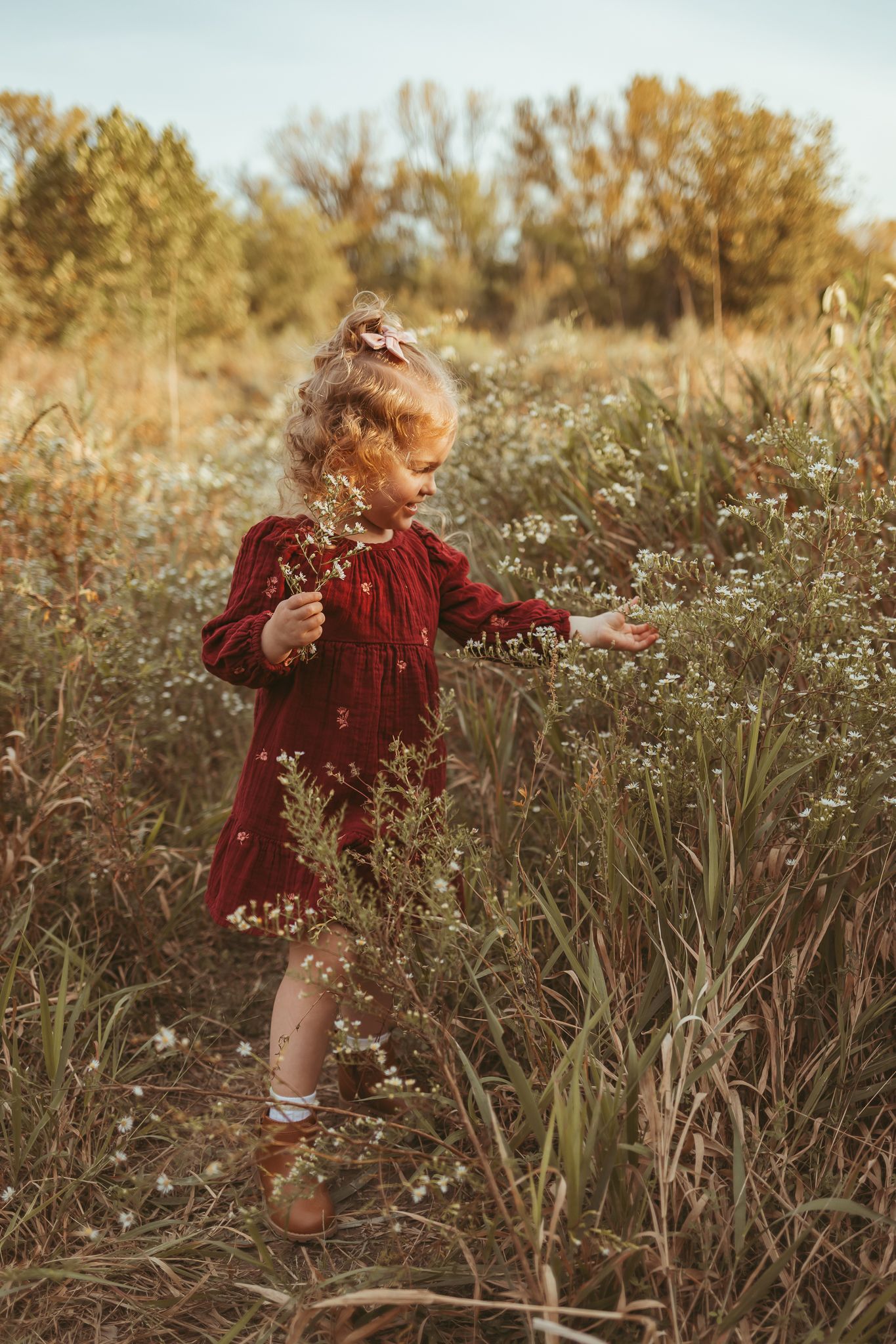 Young girl picks flowers in a Des Moines area park during a lifestyle family child milestone photo session.