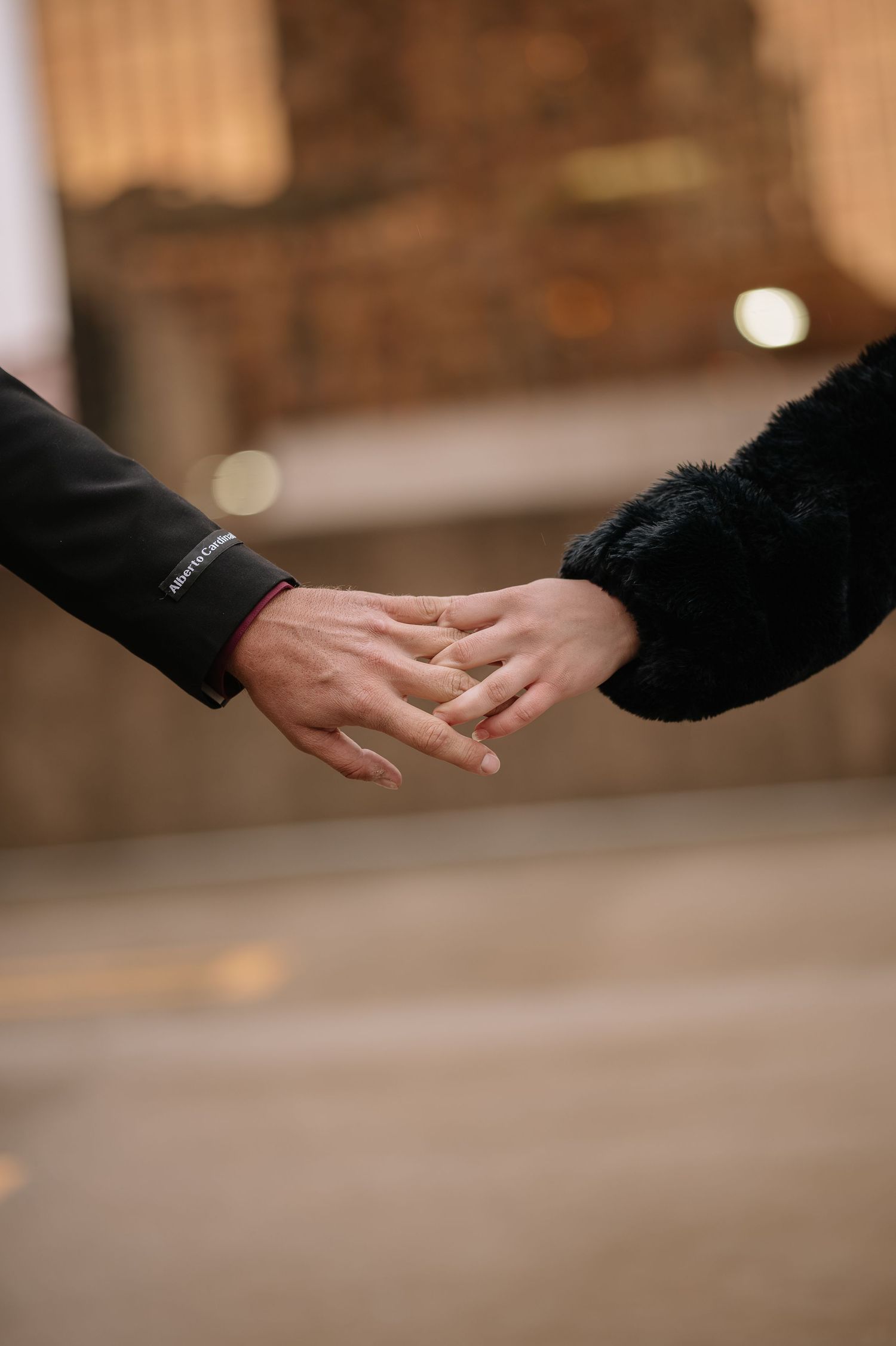 Two hands gently touching in an intimate moment against a soft blurred background.