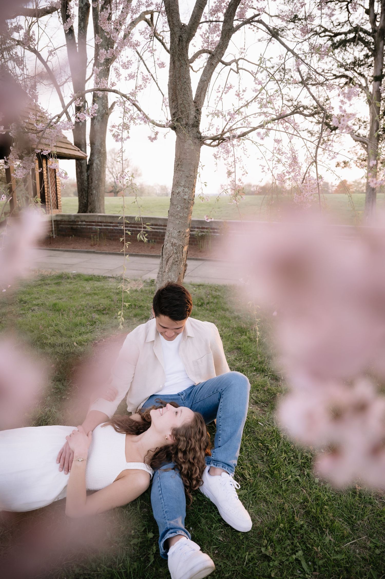 Two people sharing an intimate moment under blooming cherry blossom trees in a garden setting.