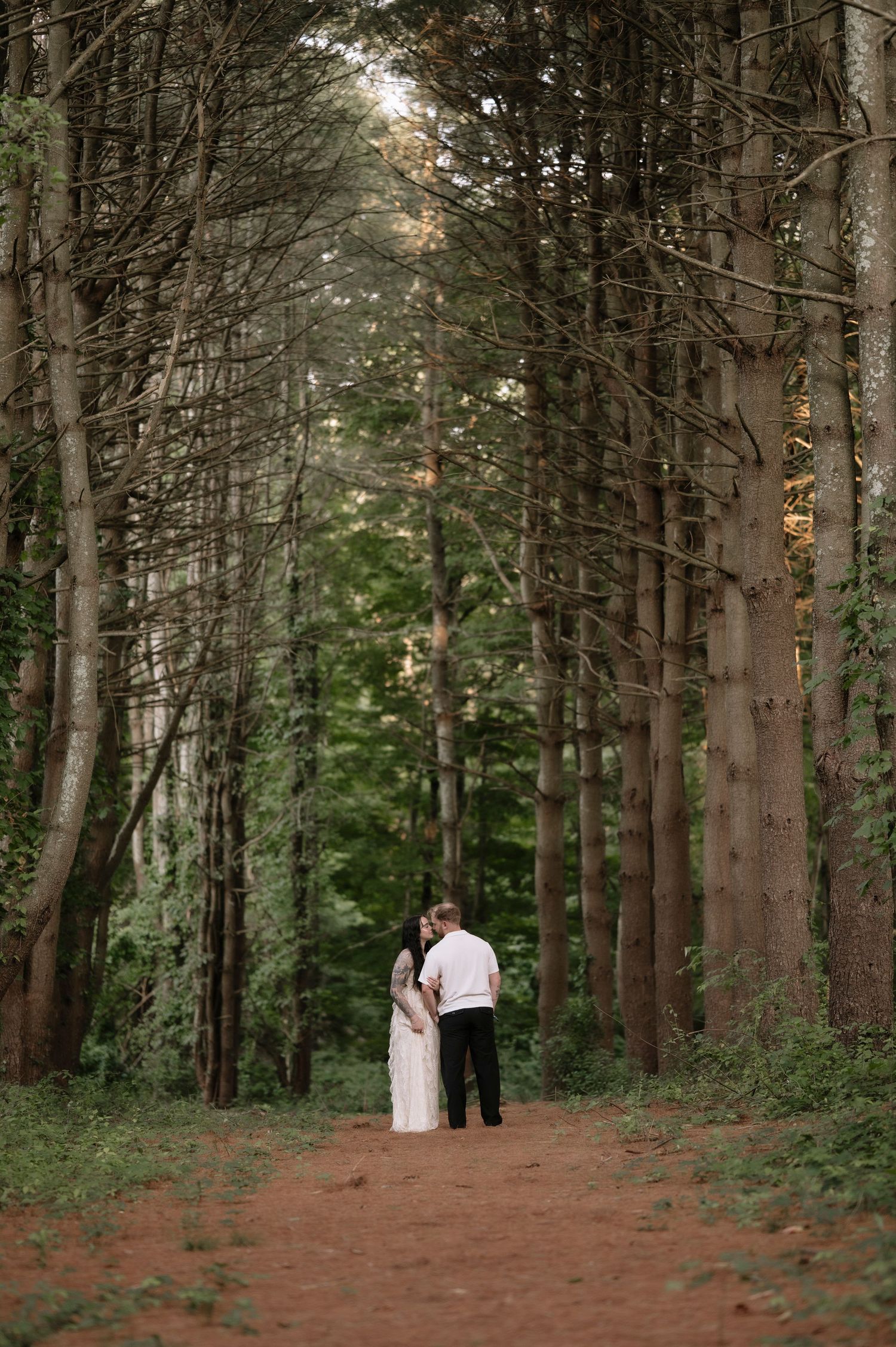 Couple sharing a romantic moment on a forest path surrounded by tall trees in soft golden light.