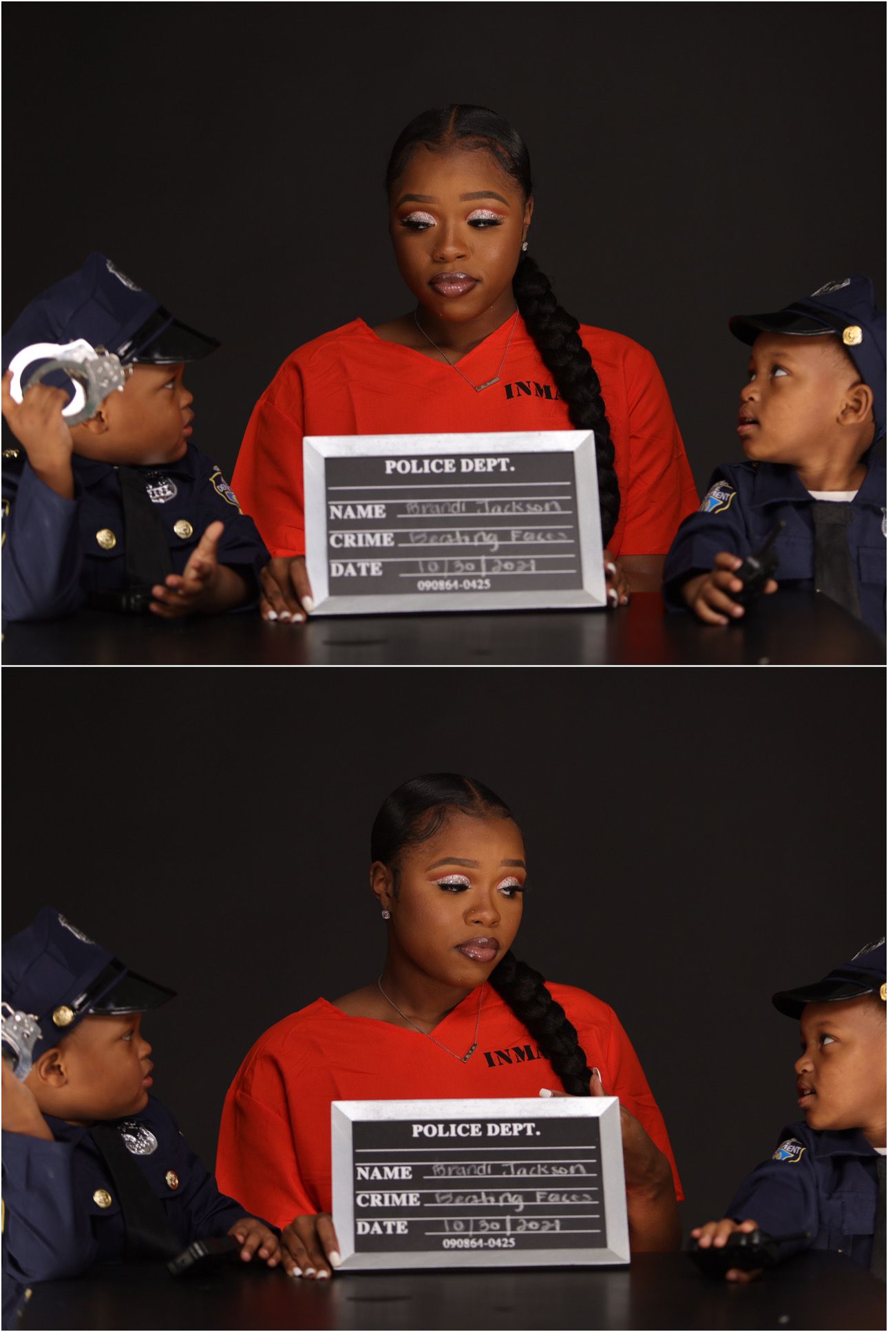 Creative mugshot concept photo with police officers and booking sign.