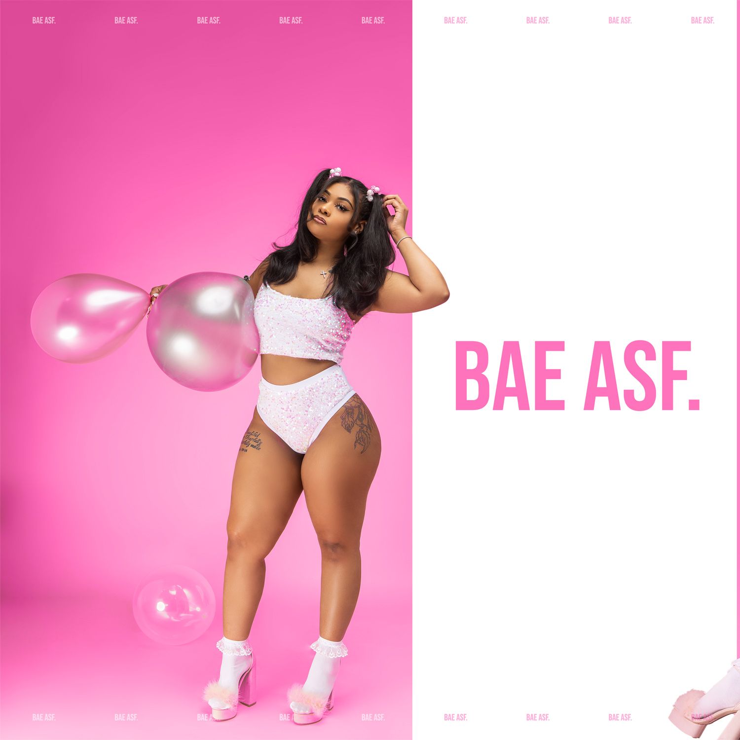 Woman in white swimwear poses with silver balloons against pink background with text overlay.