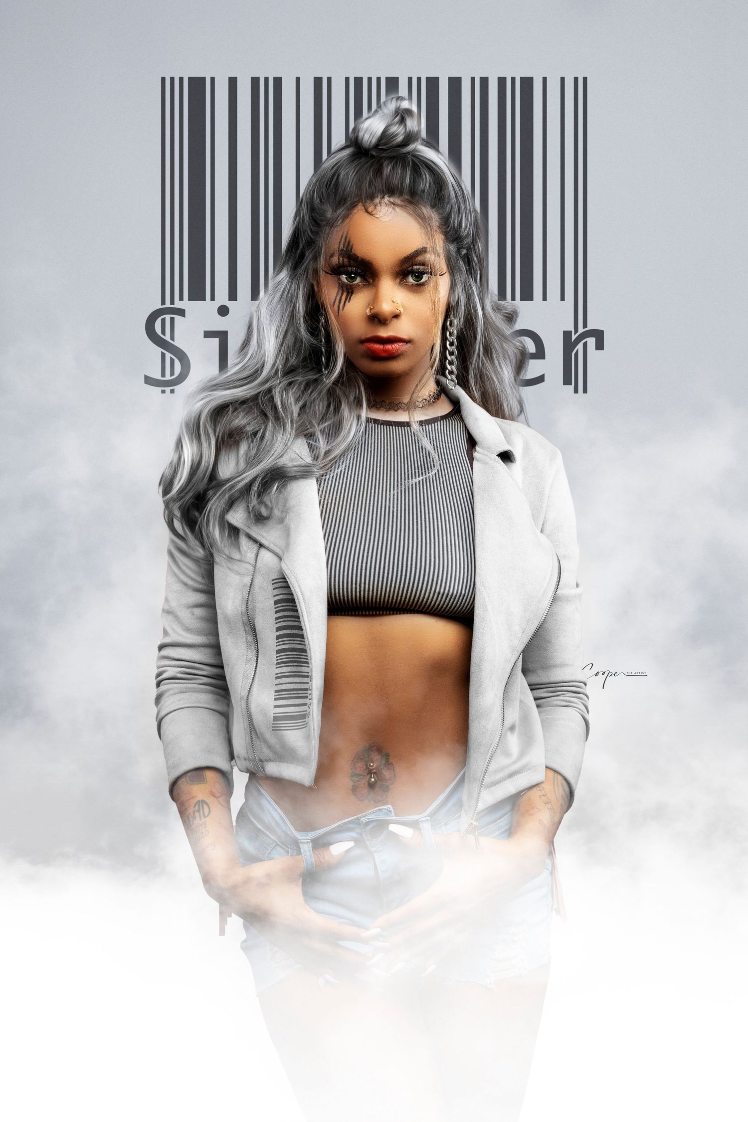 Contemporary portrait with barcode overlay featuring model in white jacket and crop top.