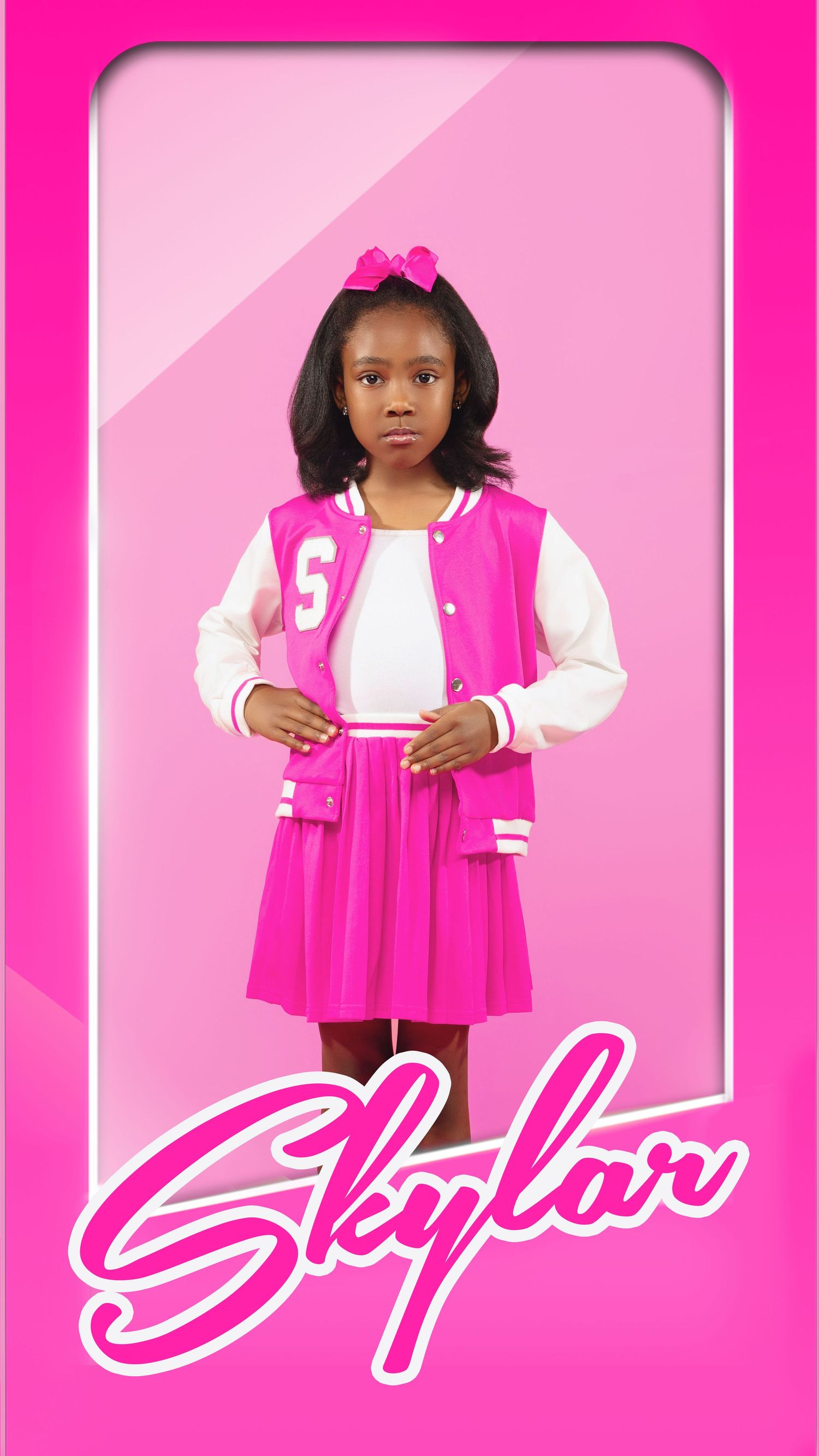 Young athlete in pink varsity outfit poses in Barbie-style frame.