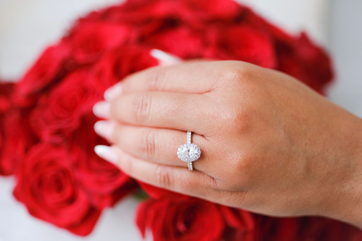 A hand wearing a sparkling oval diamond engagement ring is shown against a backdrop of vibrant red roses.