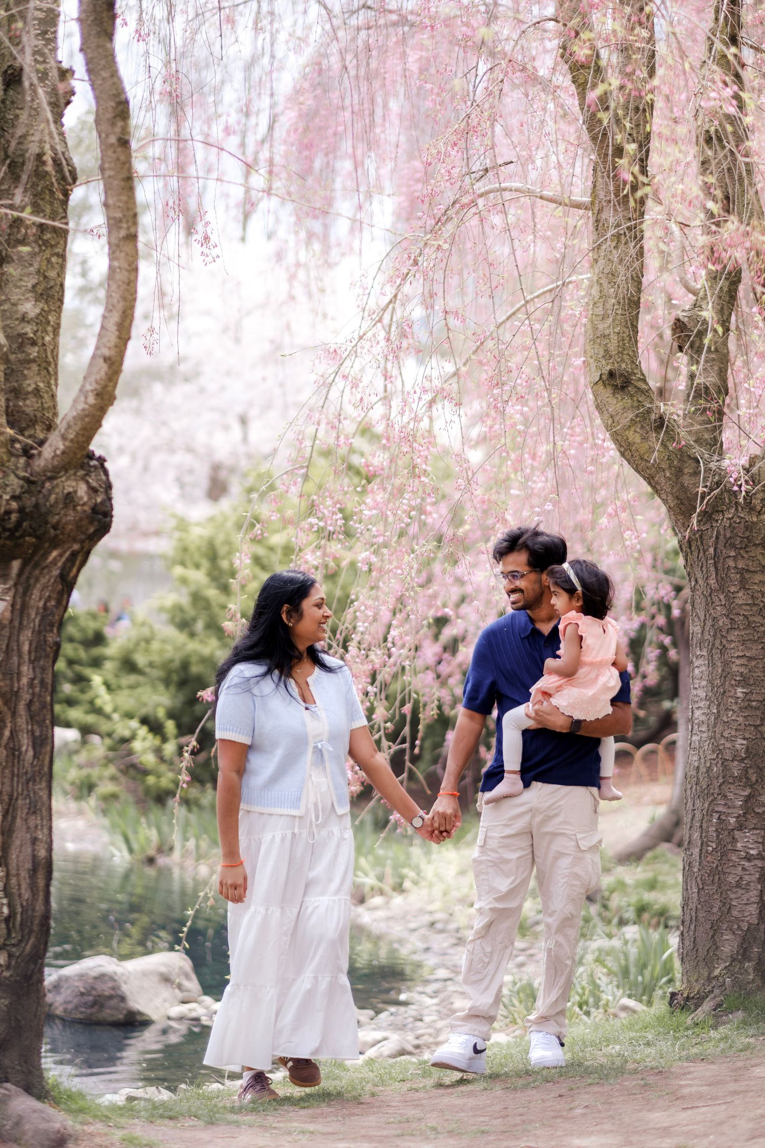 Family walking hand-in-hand under blooming cherry blossom trees, parents smiling at each other while father holds young child.