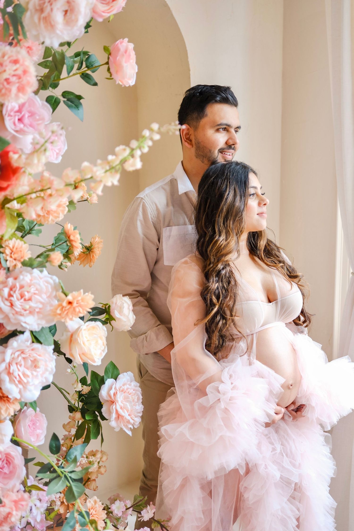 Romantic maternity photo with couple Maternity photographer Toronto, family portraits, Nadia, GTA, maternity dress, Majestystudios