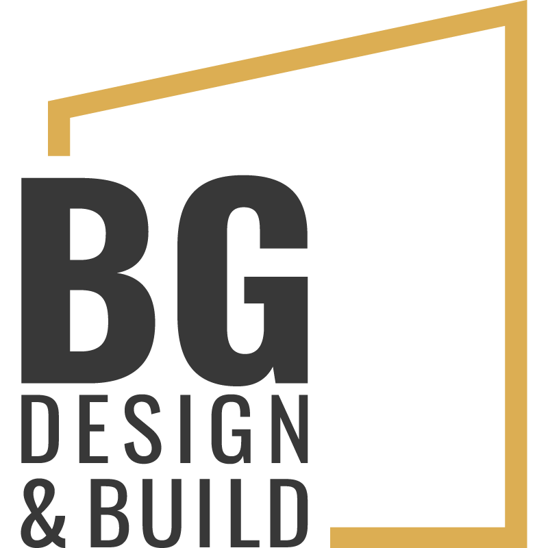 Modern minimalist logo design for BG Design & Build featuring bold black letters and a golden frame accent.