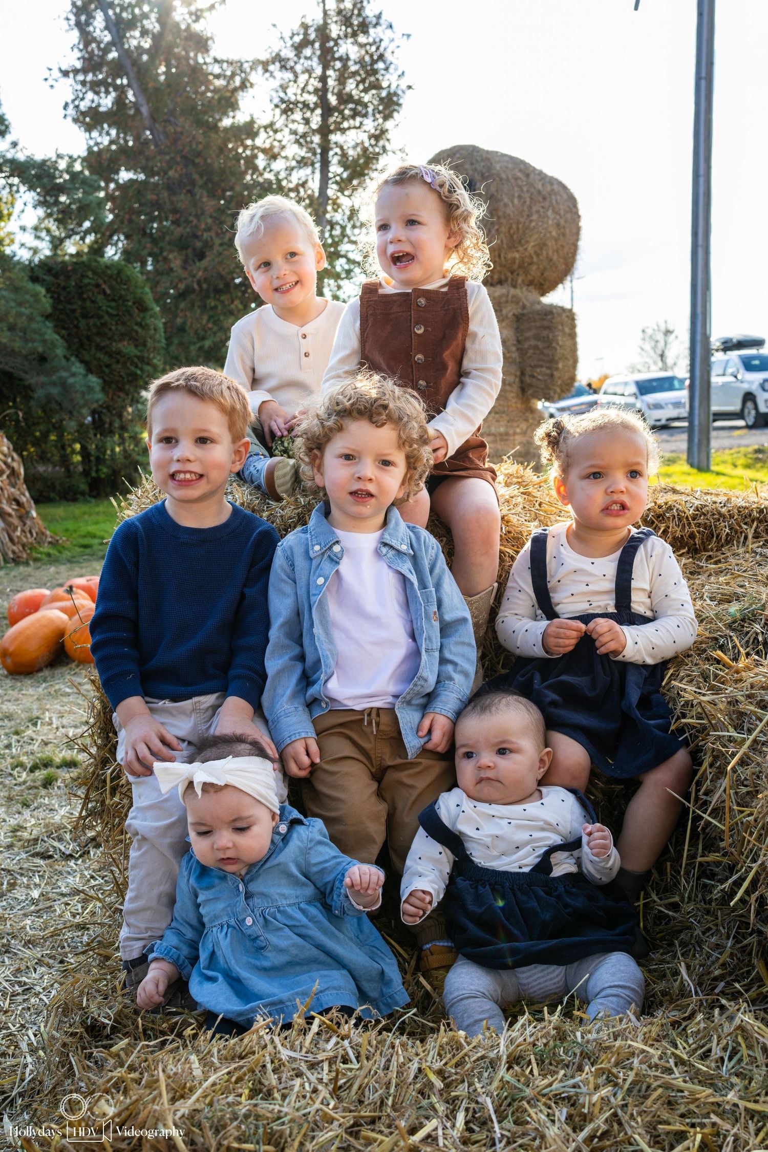 Group of young children posed on hay bales with pumpkins during fall photo session.