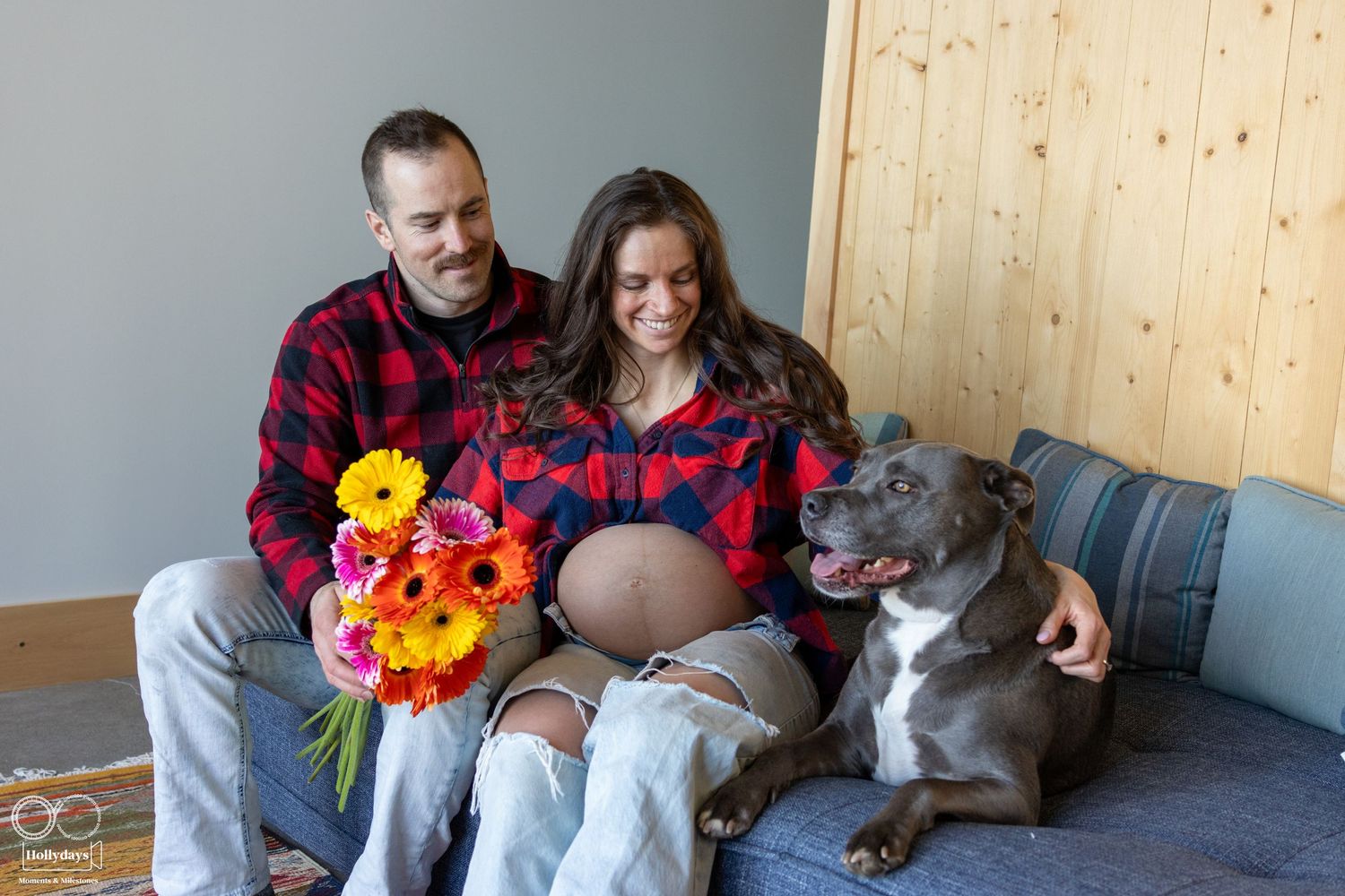 A couple in matching plaid shirts sits on a blue couch with their dog and holds bright flowers. Maternity photography