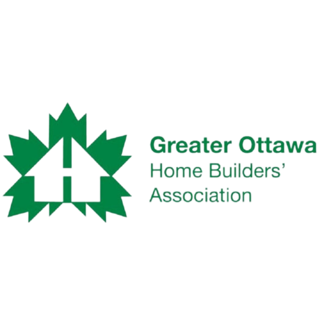 Logo for Greater Ottawa Home Builders' Association featuring green maple leaf with house silhouette design.