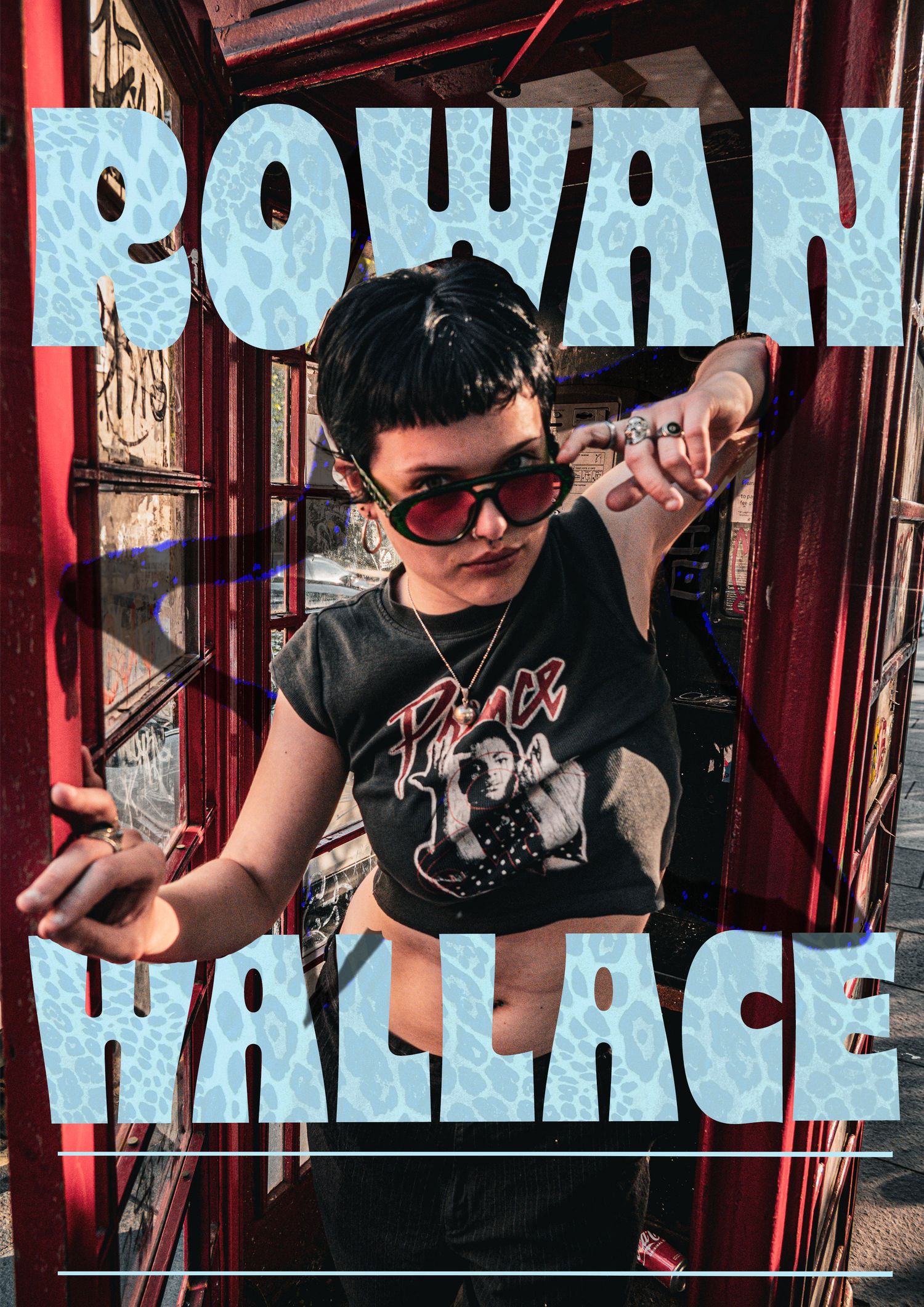 Rowan Wallace promotional poster featuring a young person in red sunglasses and Prince t-shirt inside a red phone booth.