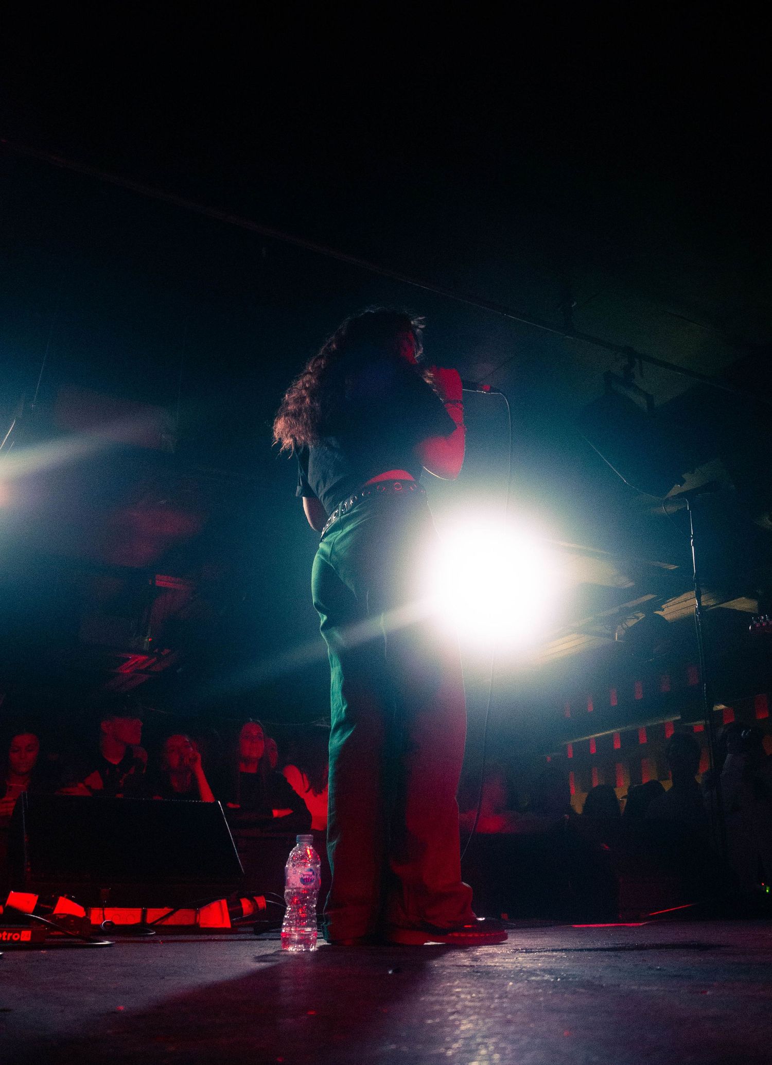 Concert performer in dramatic backlit silhouette on dark stage with crowd visible.