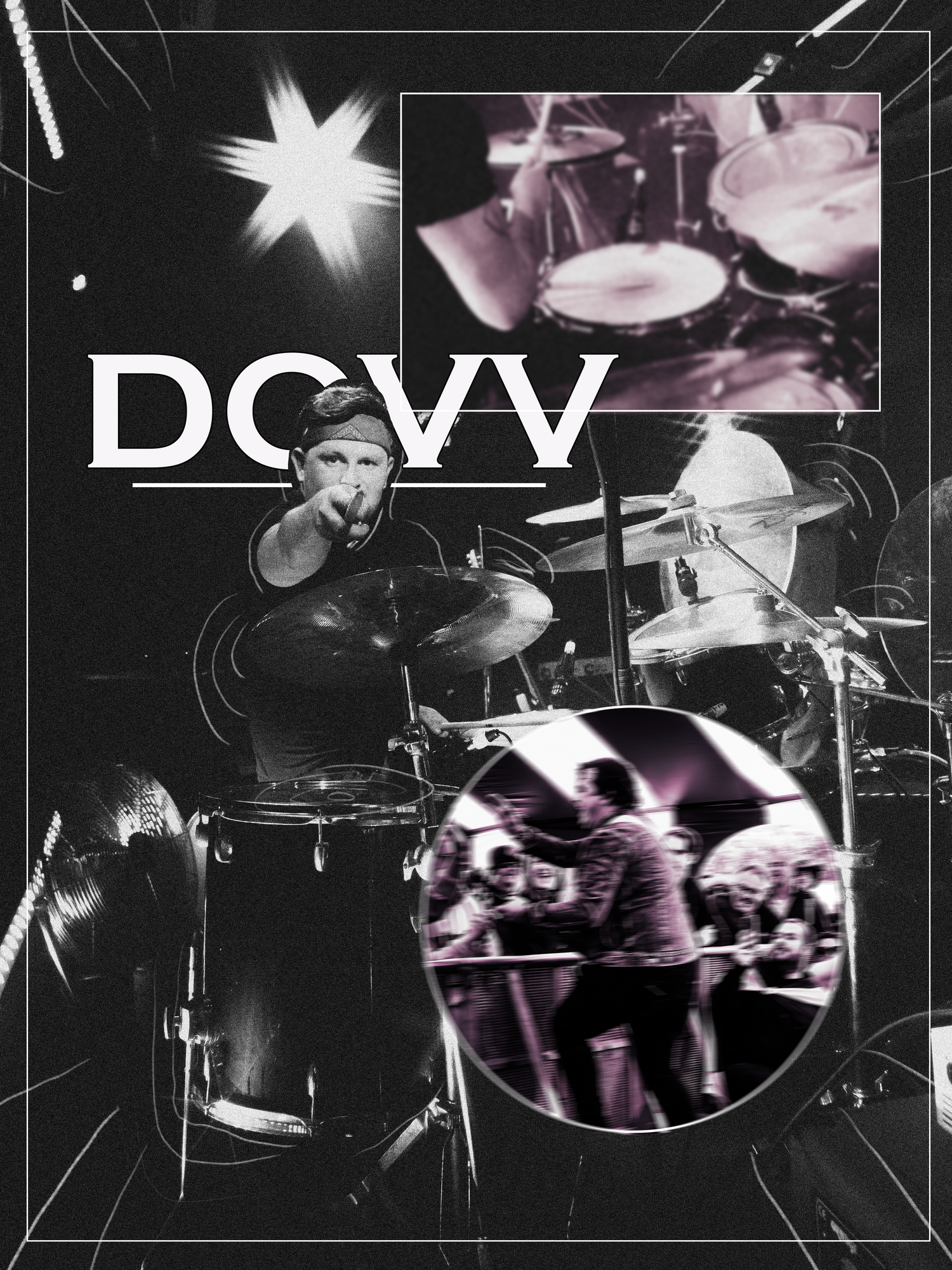 Black and white collage of drummer performing live, with DOVV text overlay and multiple drum kit detail shots.