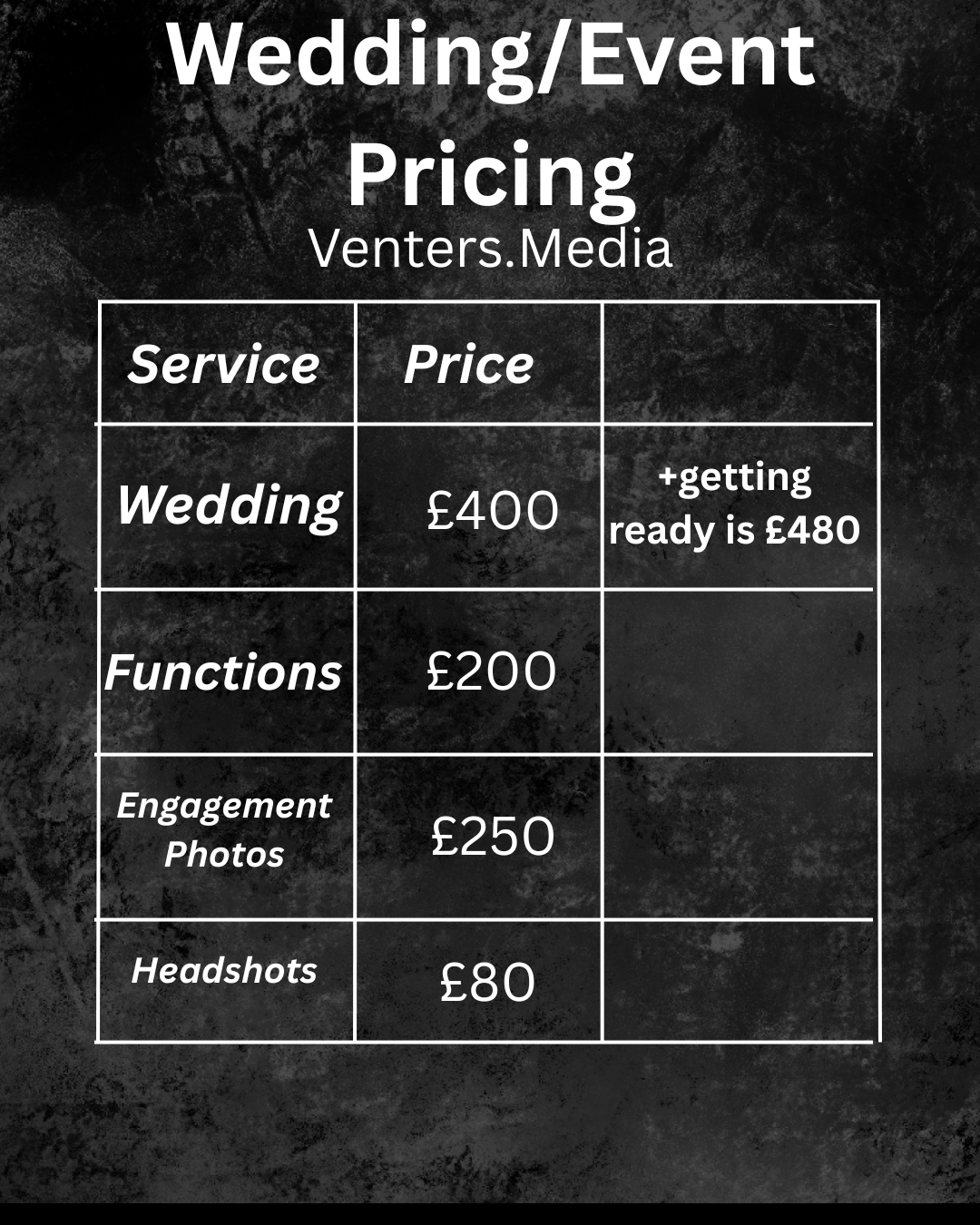 Venters.Media wedding and event photography pricing table showing services from £80 headshots to £400 weddings.