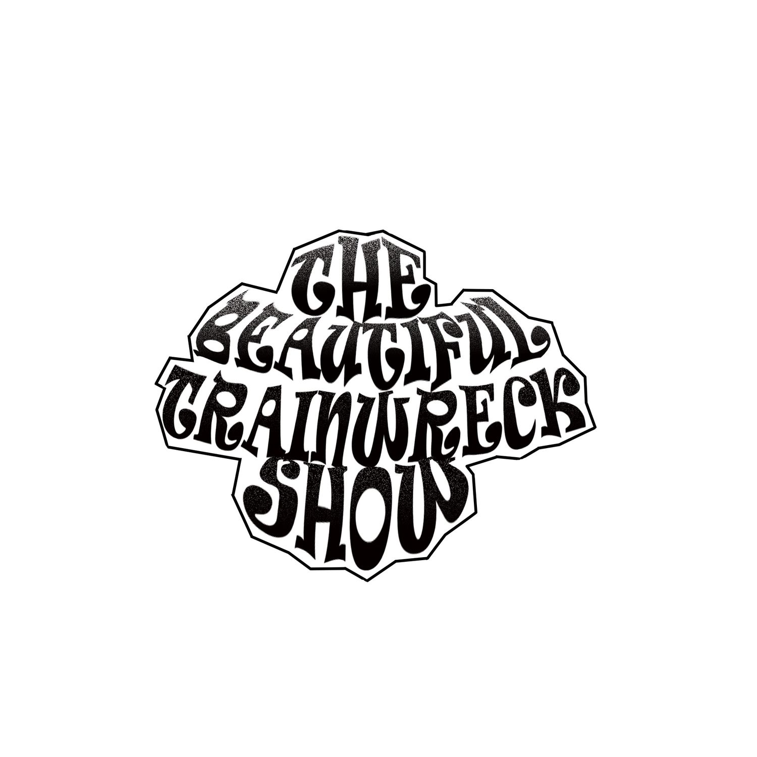 Black and white logo for The Beautiful Trainwreck Show with retro groovy typography.