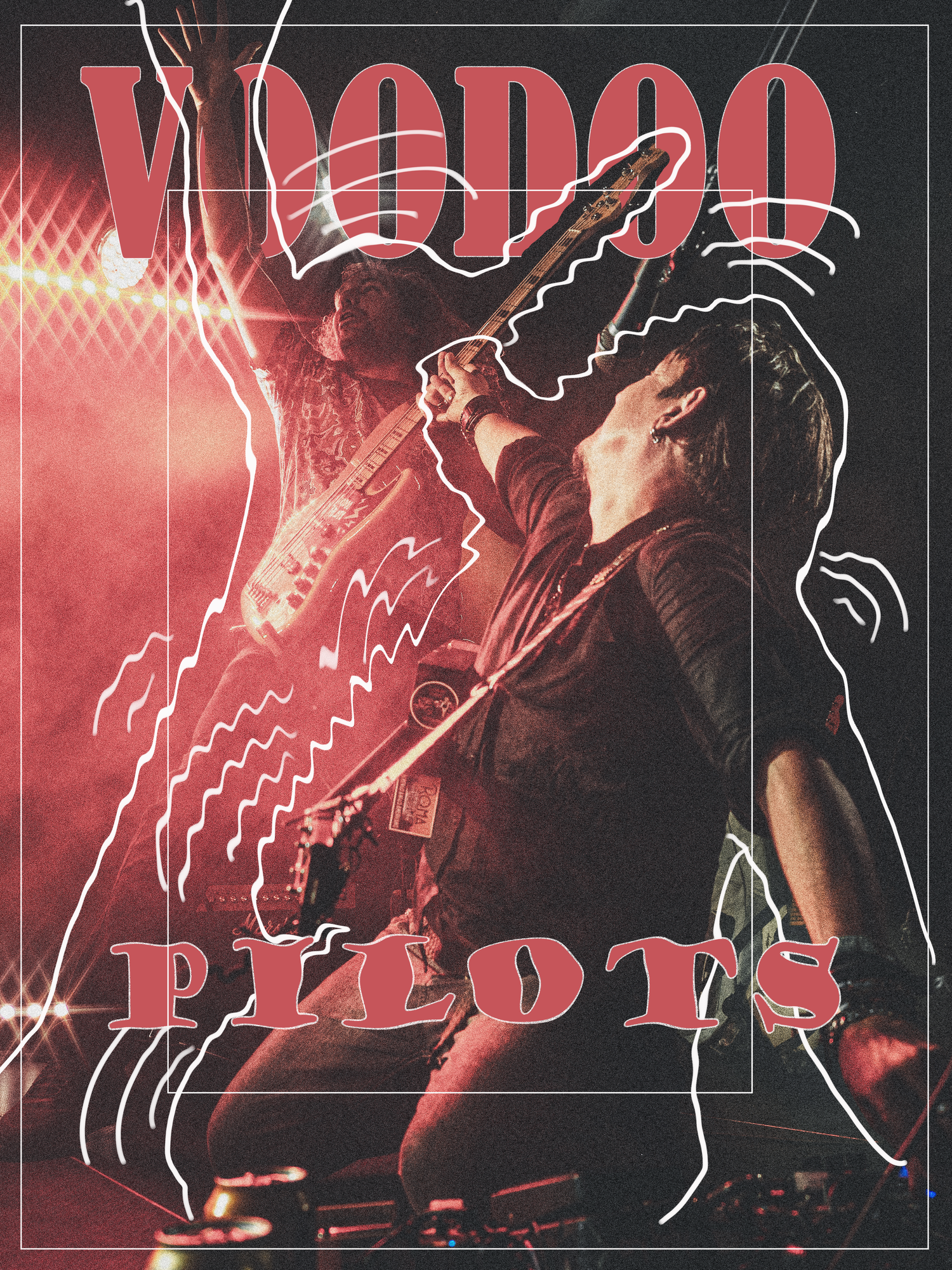 Voodoo Pilots rock band promotional poster featuring energetic guitarists performing live on stage under dramatic red lighting.