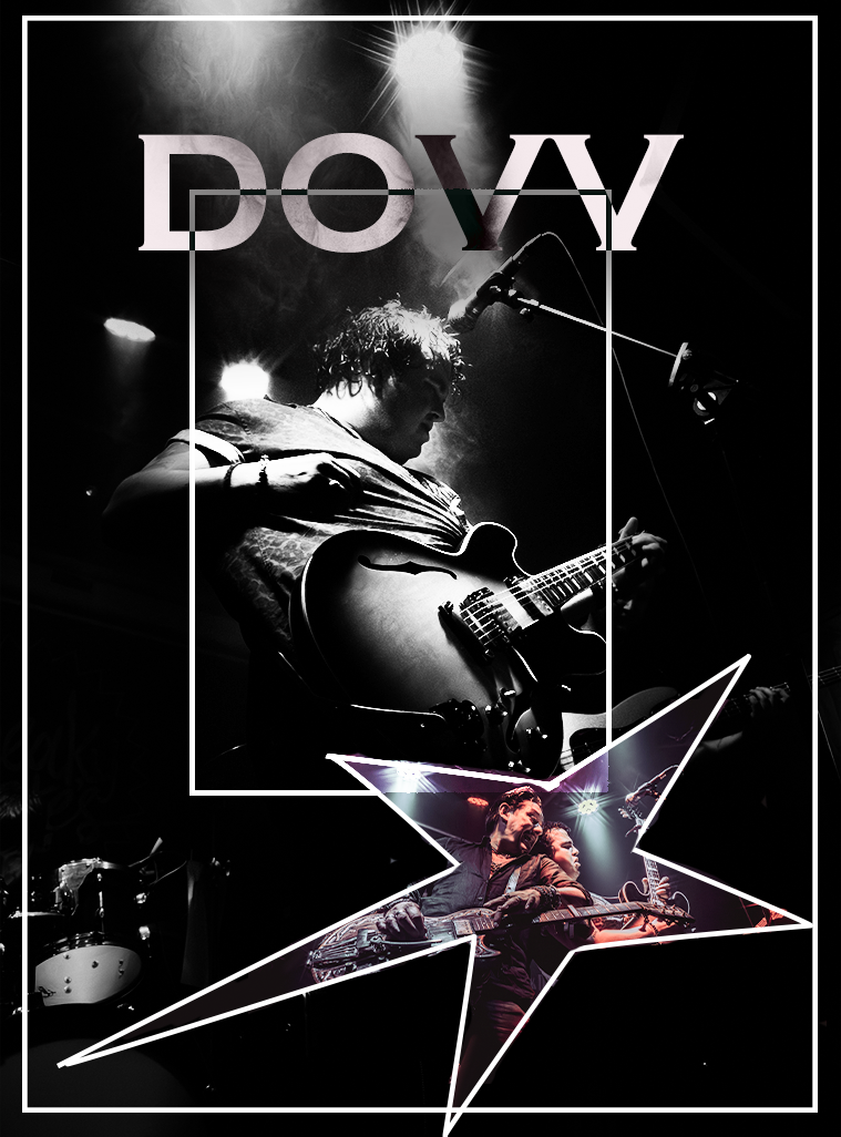 Black and white rock concert collage featuring guitarist performing live on stage with DOVV band logo and star graphic overlay.
