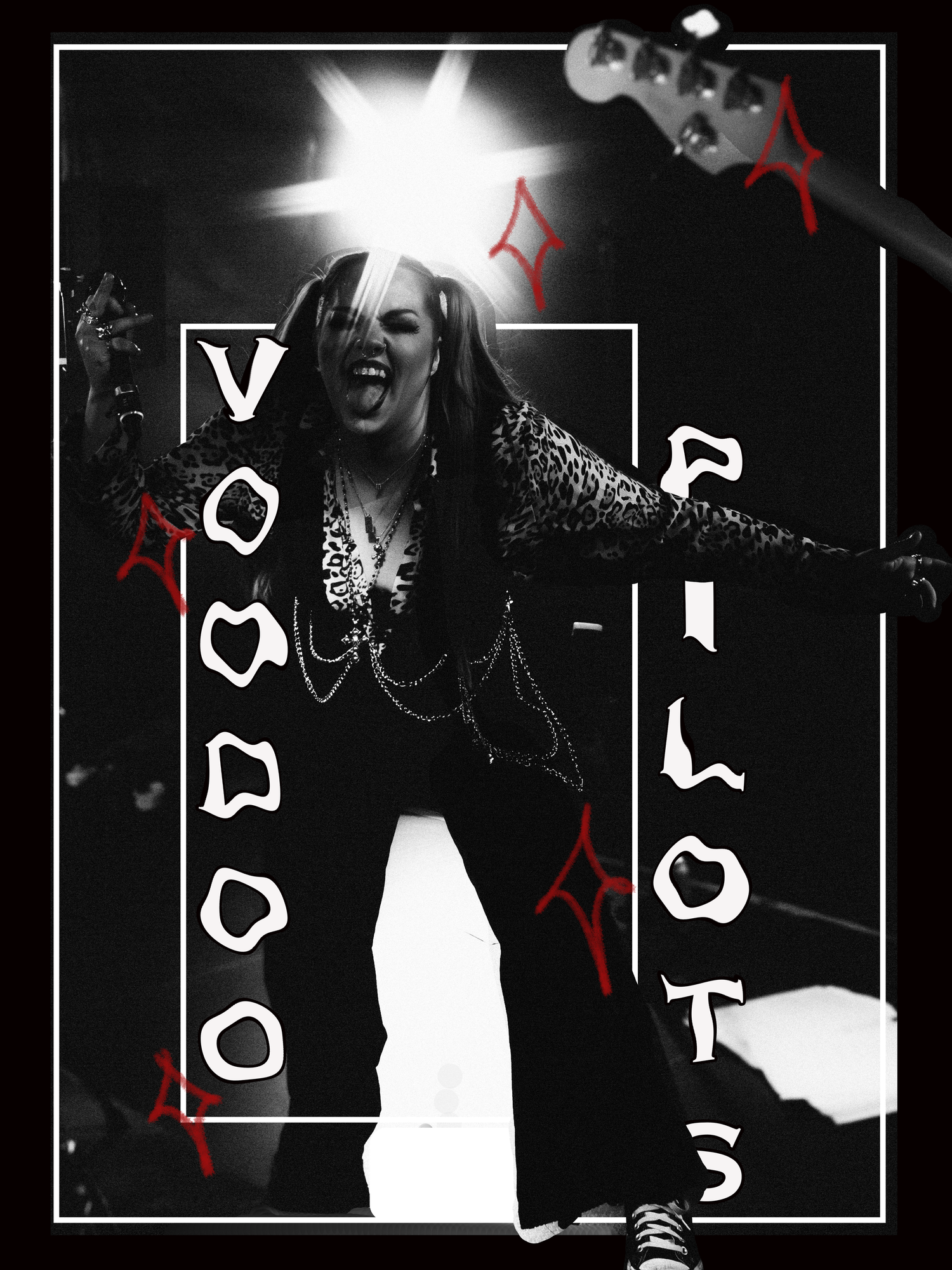 Black and white concert photo of a female rock performer on stage, overlaid with Voodoo Pilots band logo and red graphic elements.