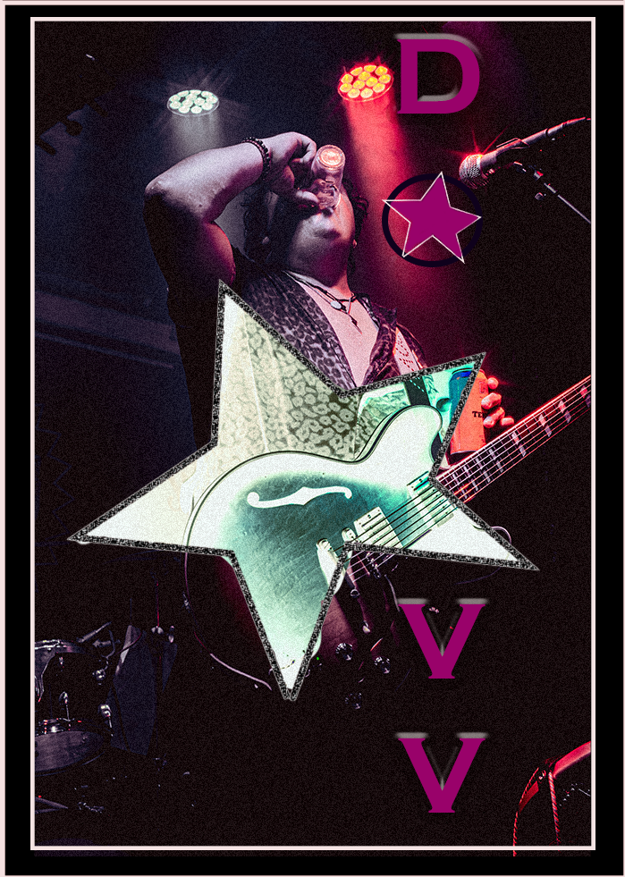 Rock guitarist performing on stage with star-shaped guitar, dramatic lighting, and bold pink star graphic overlay.