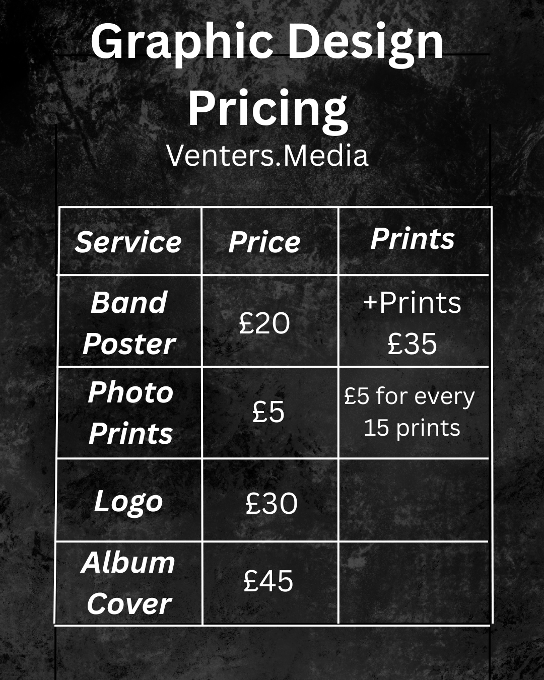 Graphic design pricing chart from Venters.Media showing band poster, photo prints, logo, and album cover services starting from £5.