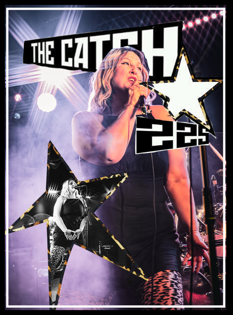 The Catch 22 band promotional poster featuring a female vocalist performing on stage with dramatic star graphics.