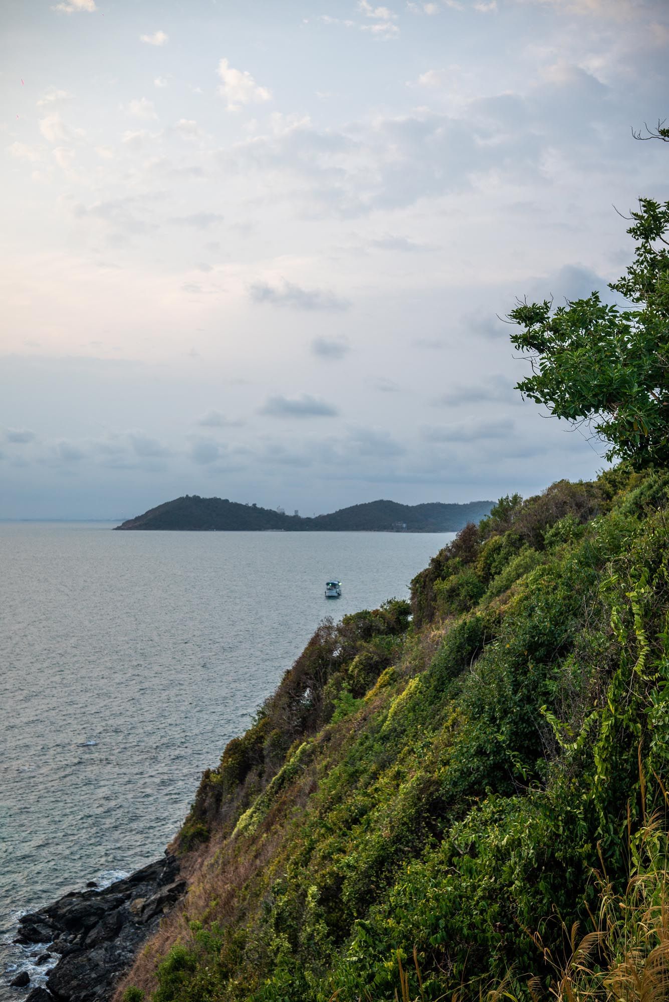 Panoramic coastal view of lush green cliffs overlooking a tranquil ocean with distant mountains under cloudy skies.