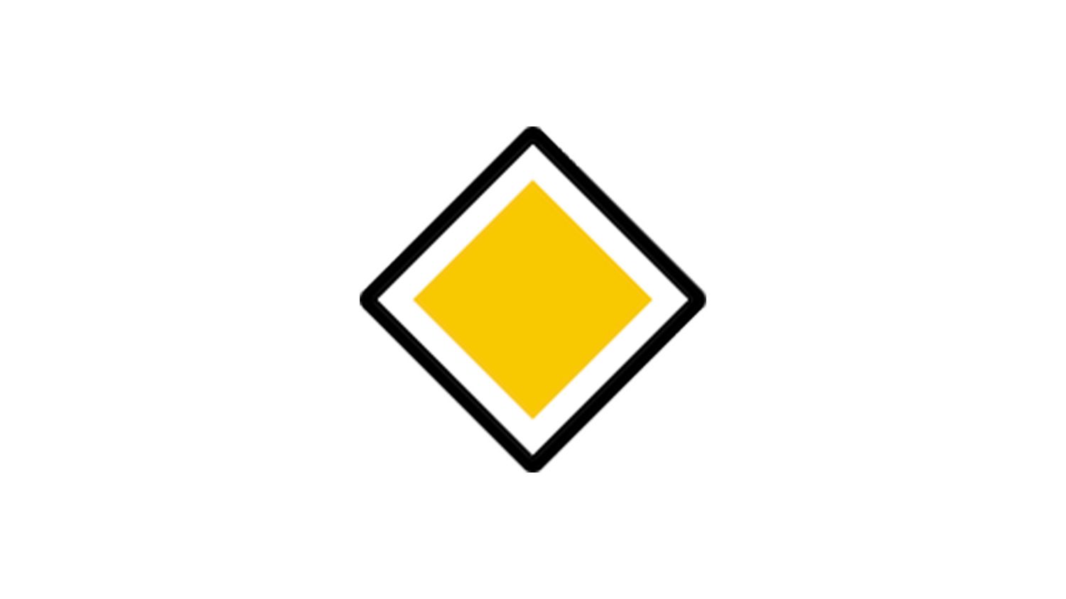 A simple traffic sign showing a yellow and white diamond shape on a white background indicating priority road ahead.