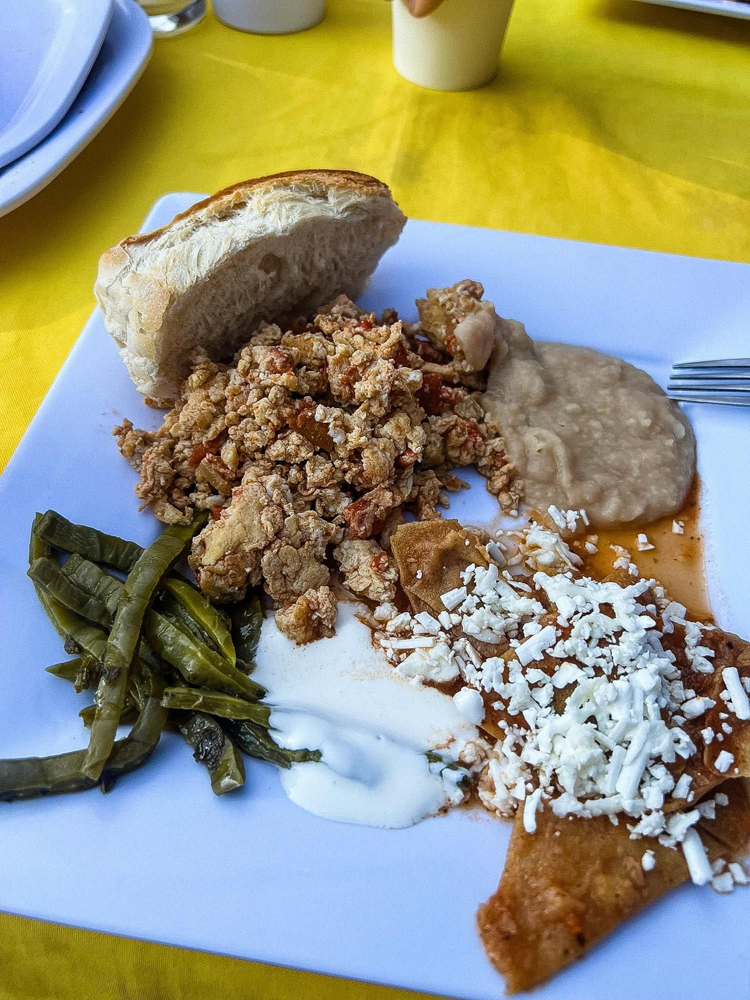 A plate of Indian curry with rice, green beans and yogurt sauce served on a white plate with yellow tablecloth.