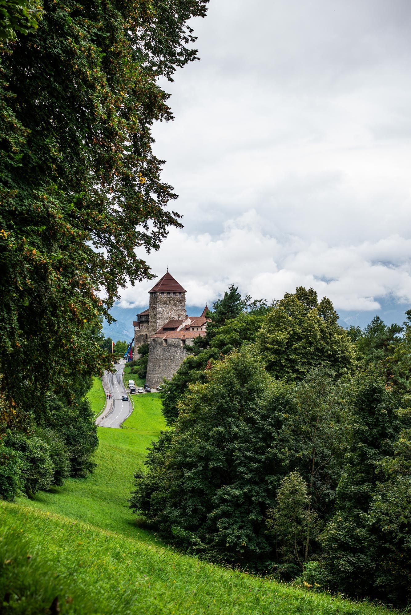 Medieval stone castle with red roof perched on a green hillside surrounded by lush forest in Liechtenstein.