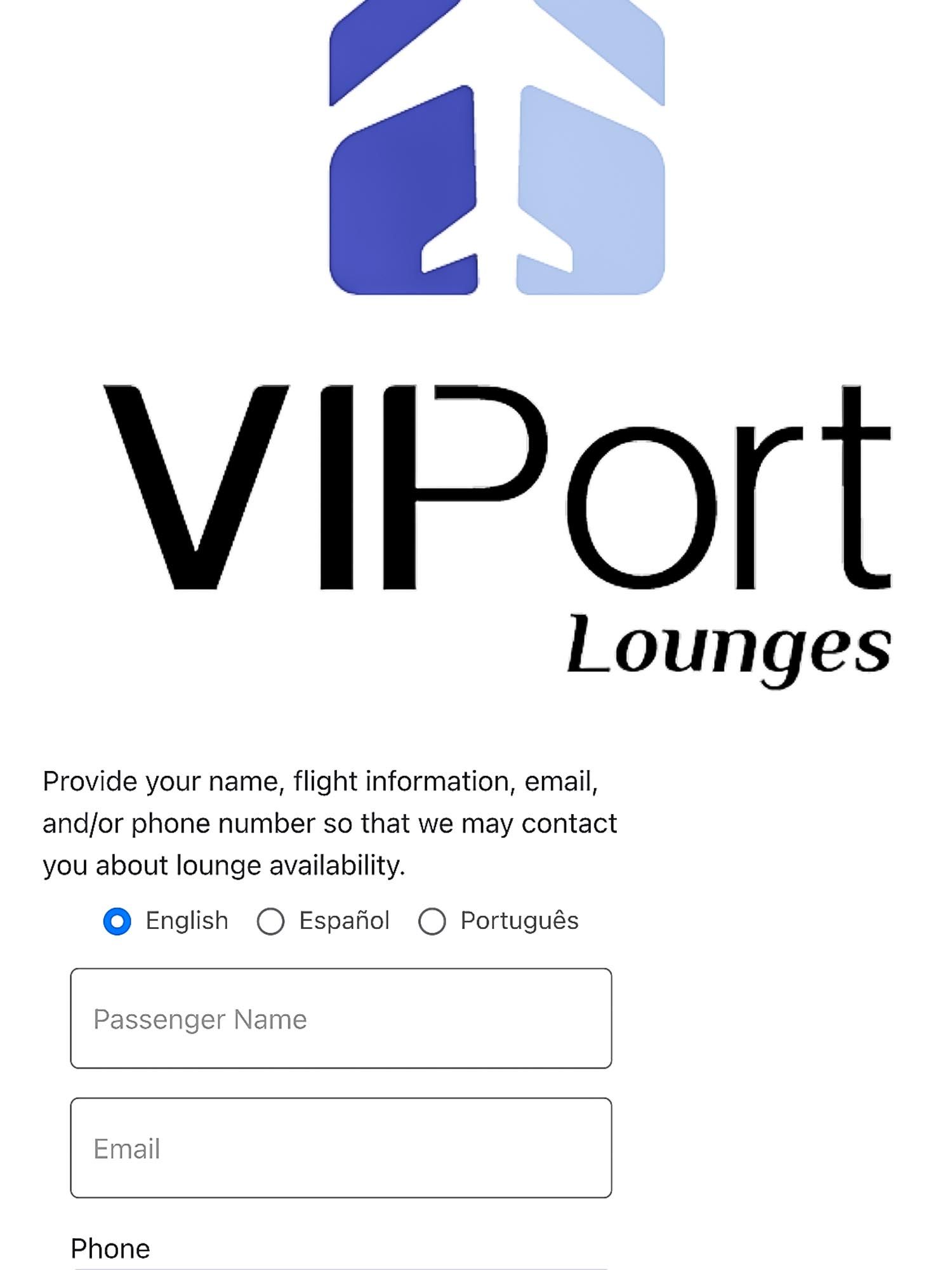 VIPort Lounges contact form interface with airplane logo, language options, and fields for passenger details.