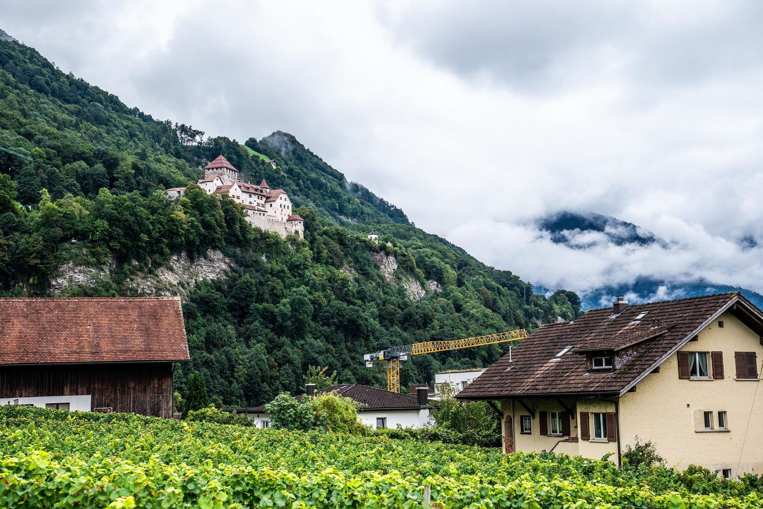 Scenic mountain landscape in Switzerland with traditional alpine houses nestled among green vineyards and misty peaks.