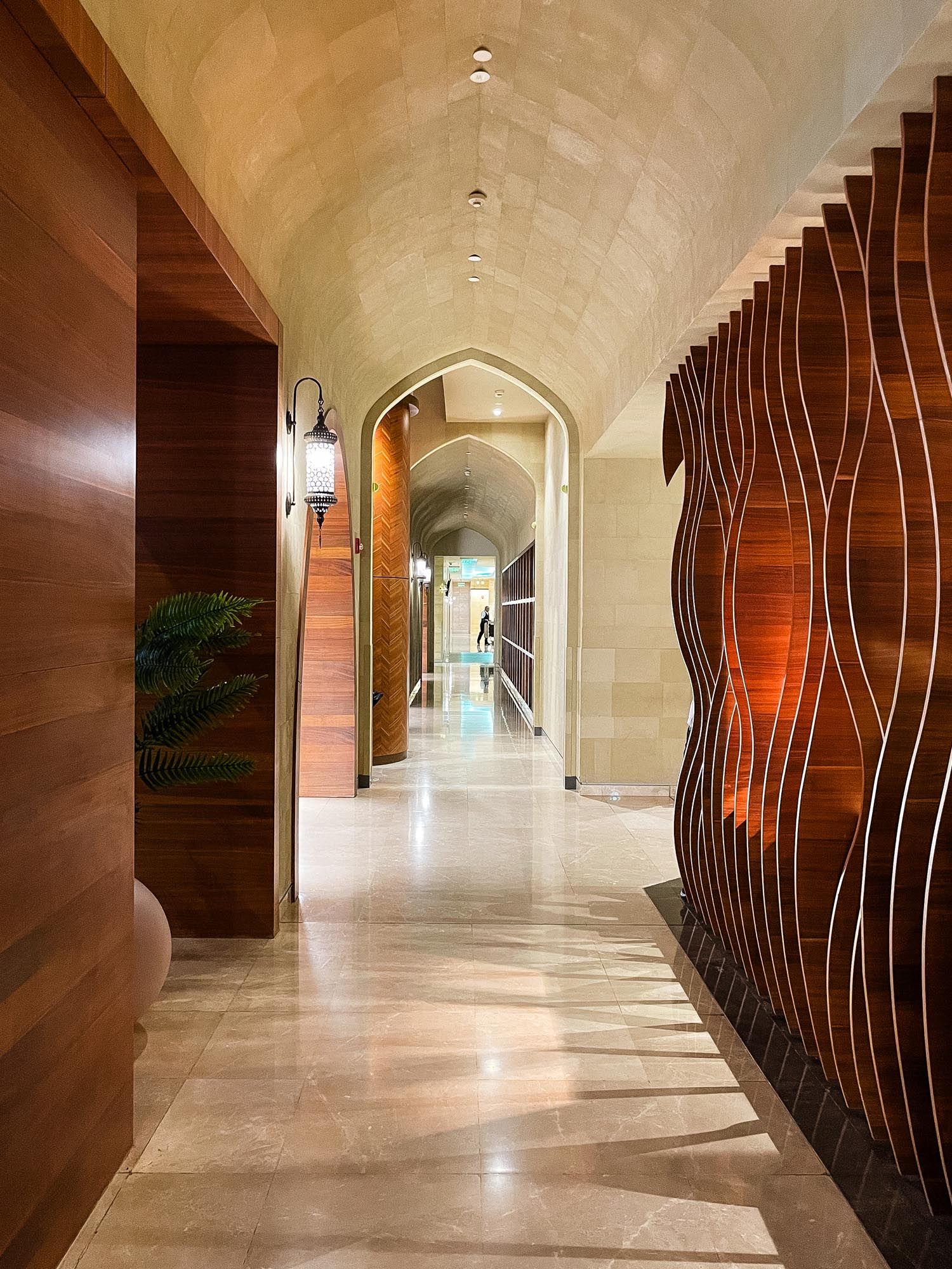 Elegant curved hallway with arched ceiling, wooden wall panels and decorative metal railings in luxury interior design.