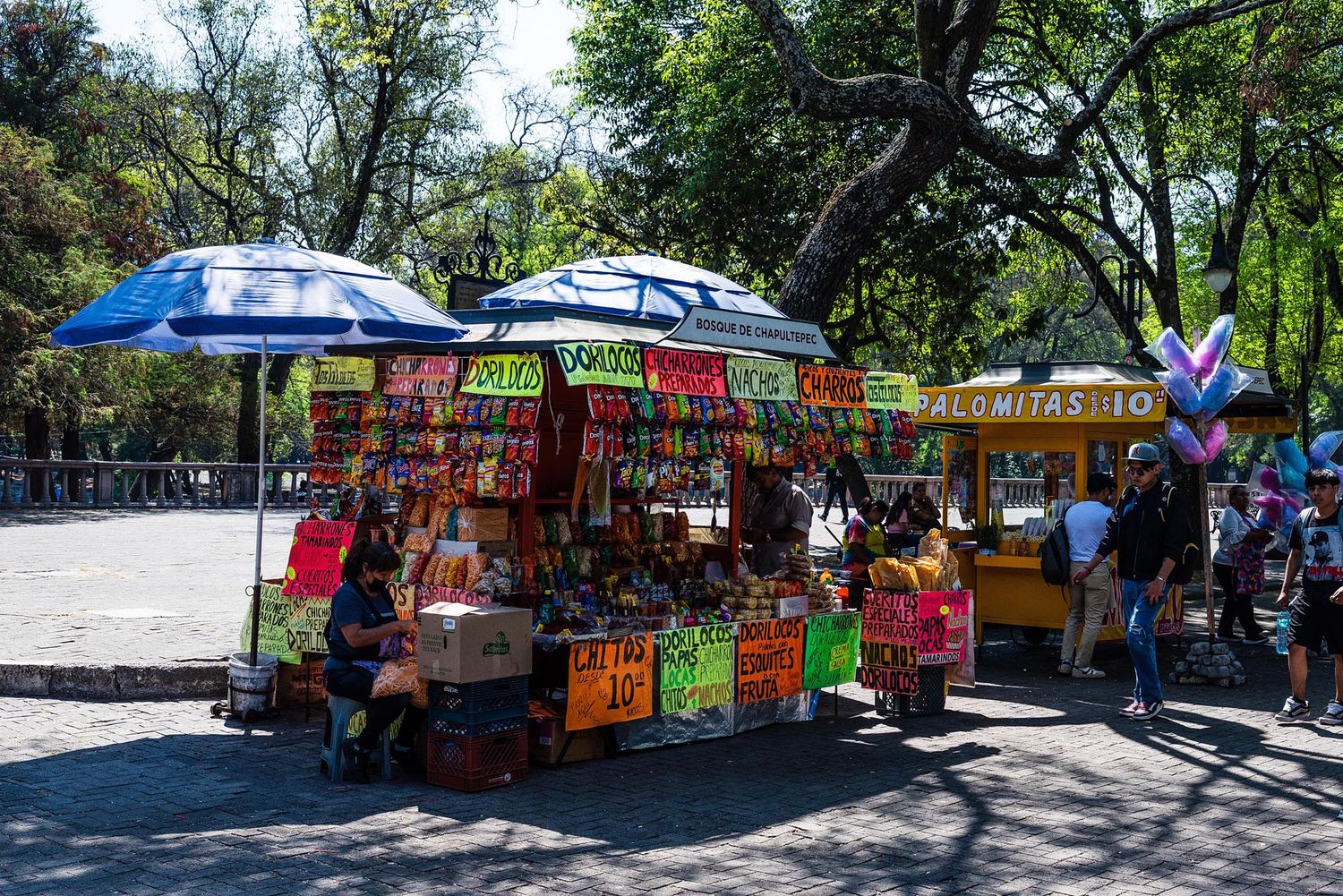 Colorful food and vendor stalls line a sunny pathway in a park or outdoor market setting.