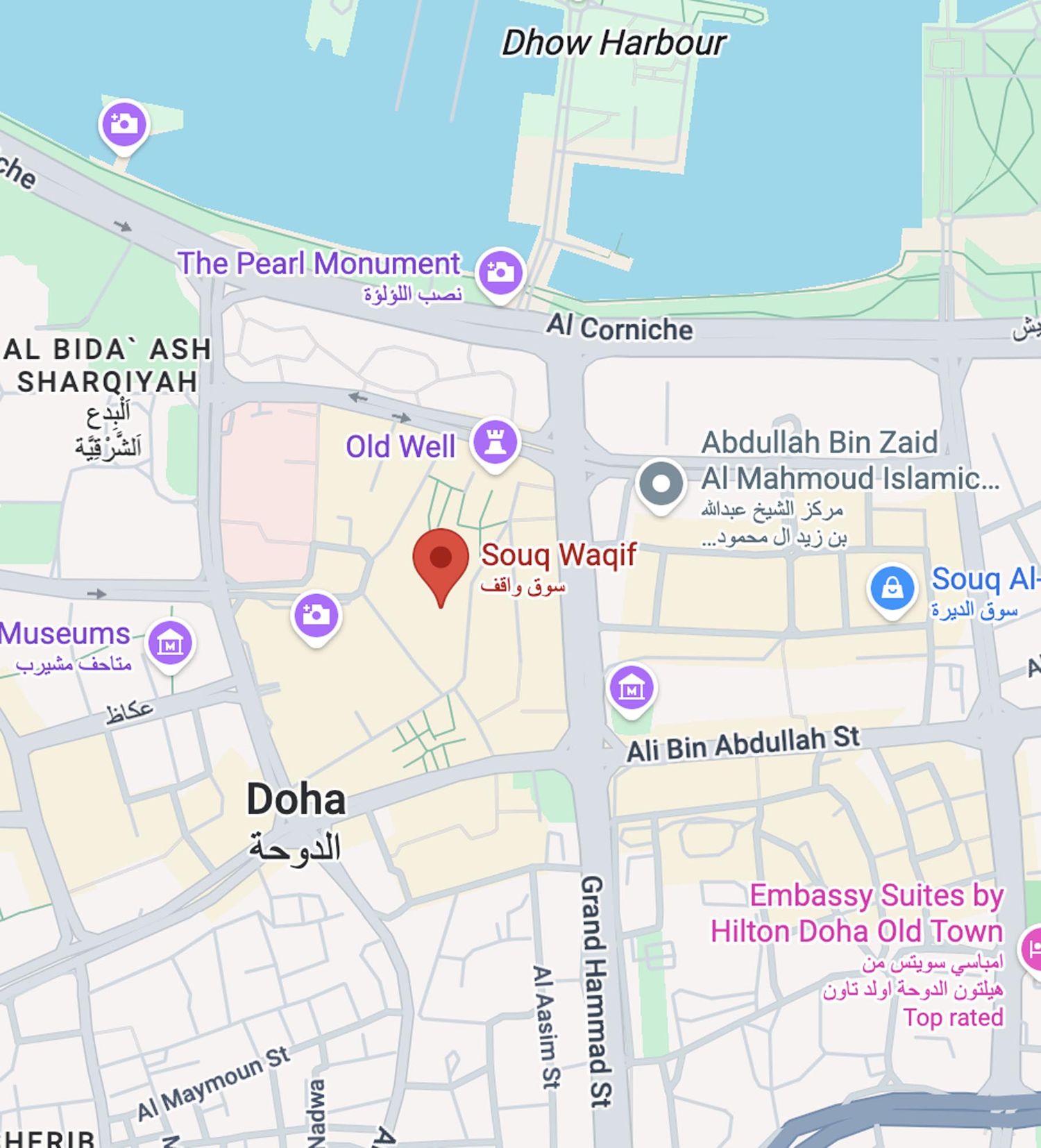 A digital map view of Dhow Harbour and surrounding areas in Doha showing streets and landmarks.