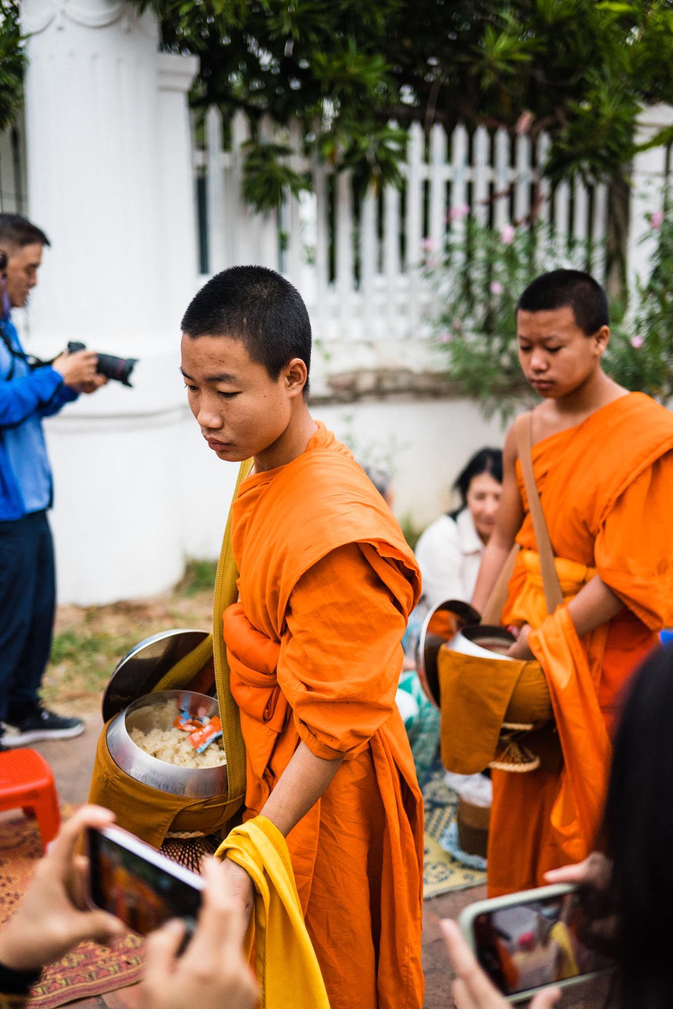 Buddhist monks in saffron robes walking through Luang Prabang streets during the alms-giving ceremony