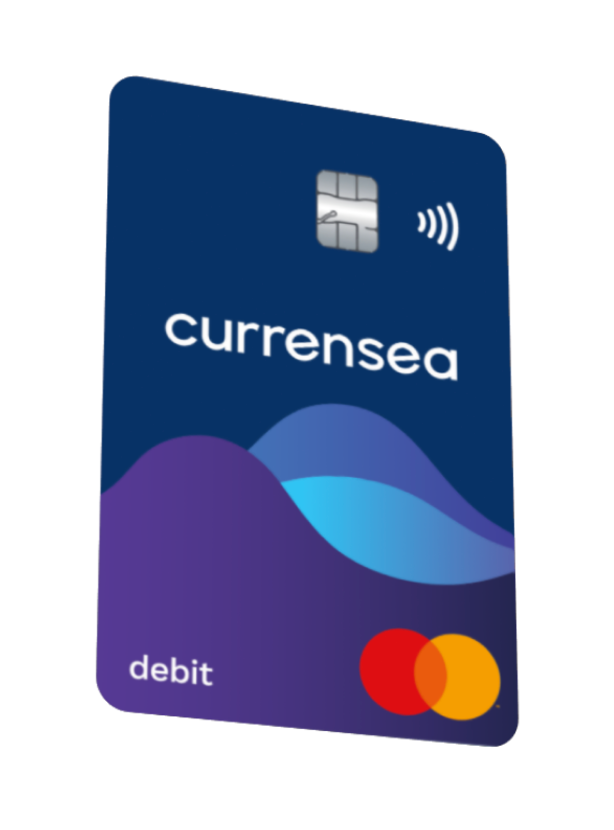 Dark blue Currensea debit card with wavy purple and blue design elements.