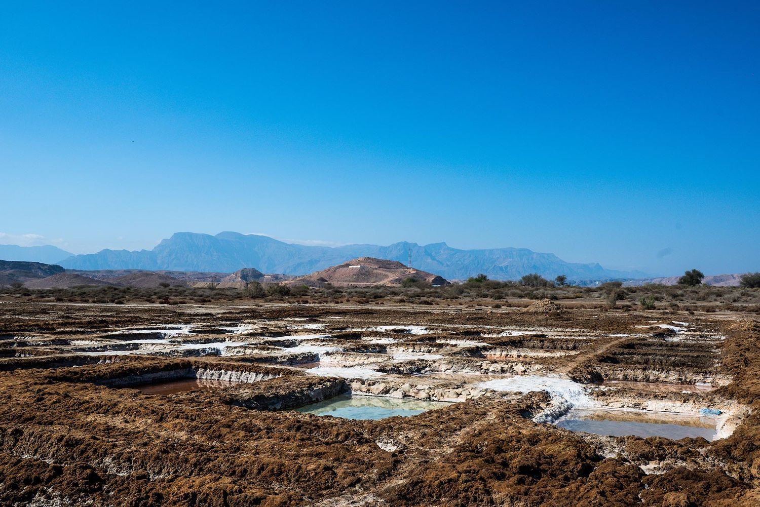Panoramic view of salt flats and desert landscape with mountains in the distance under bright blue sky.