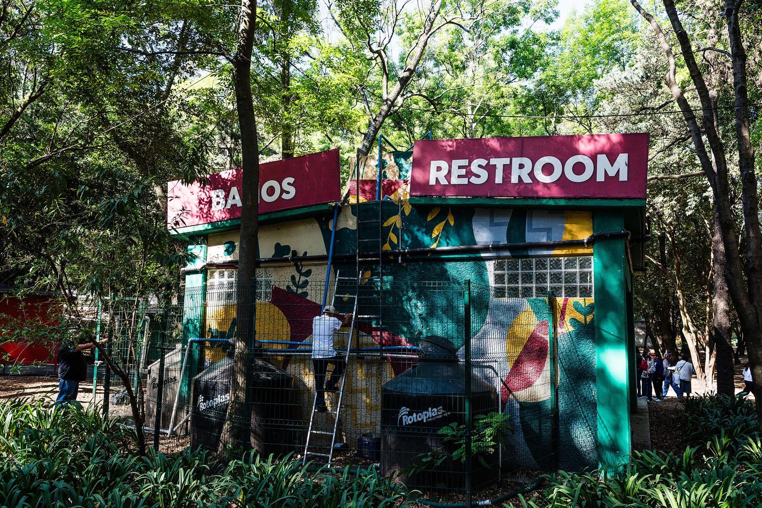 A small restroom building covered in colorful graffiti art stands among trees in a park setting.