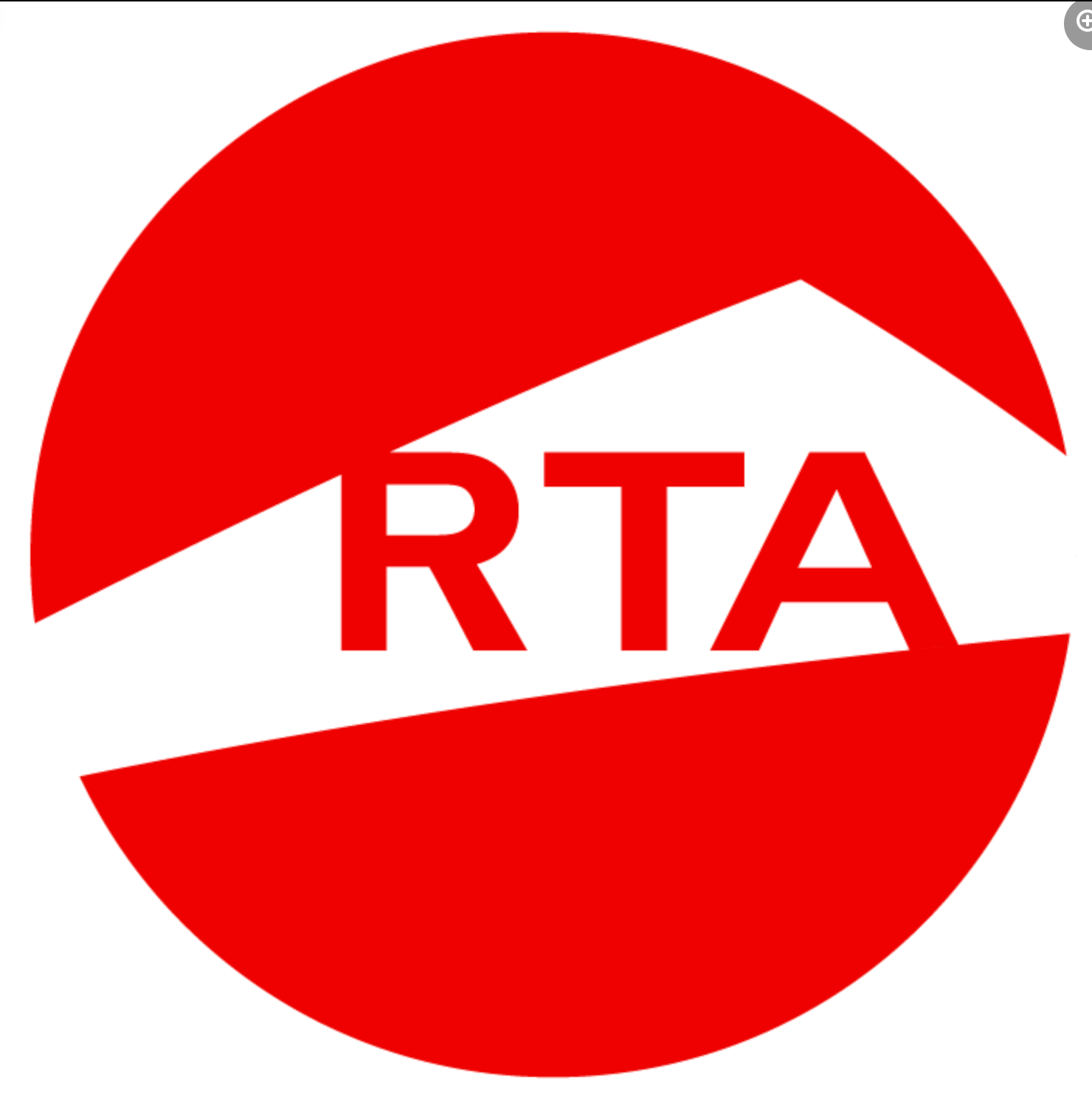 Red and white circular logo for RTA transit authority featuring a split circle design with bold text.