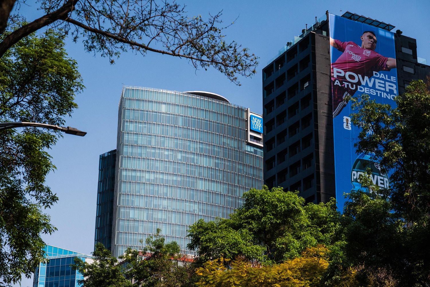 Modern glass office buildings and skyscrapers rise against a blue sky in an urban business district.
