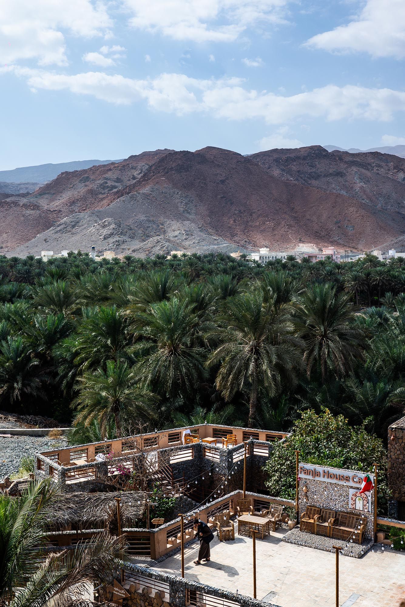 Scenic desert oasis with palm trees and mountains, featuring a terraced viewing platform overlooking the landscape.
