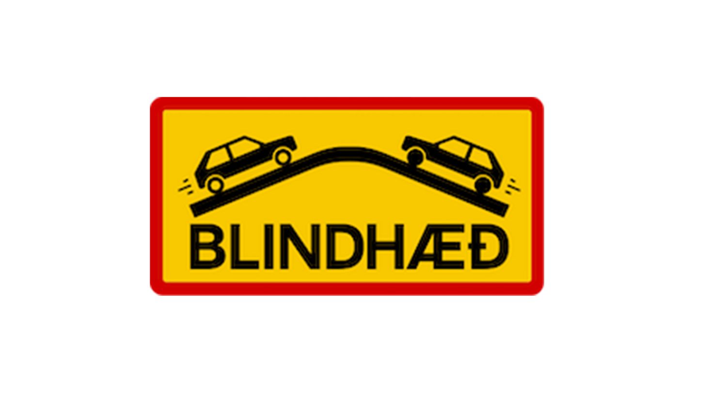 A yellow warning sign shows two cars on a hill with the Danish word BLINDHÆD indicating a blind summit ahead.
