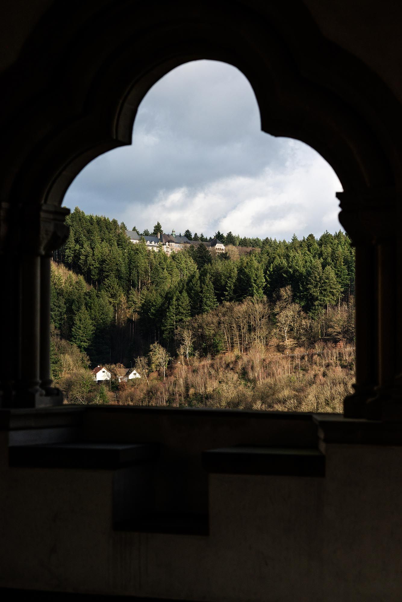 View through an arched window frame showing forested hillside with houses nestled among trees in the distance.