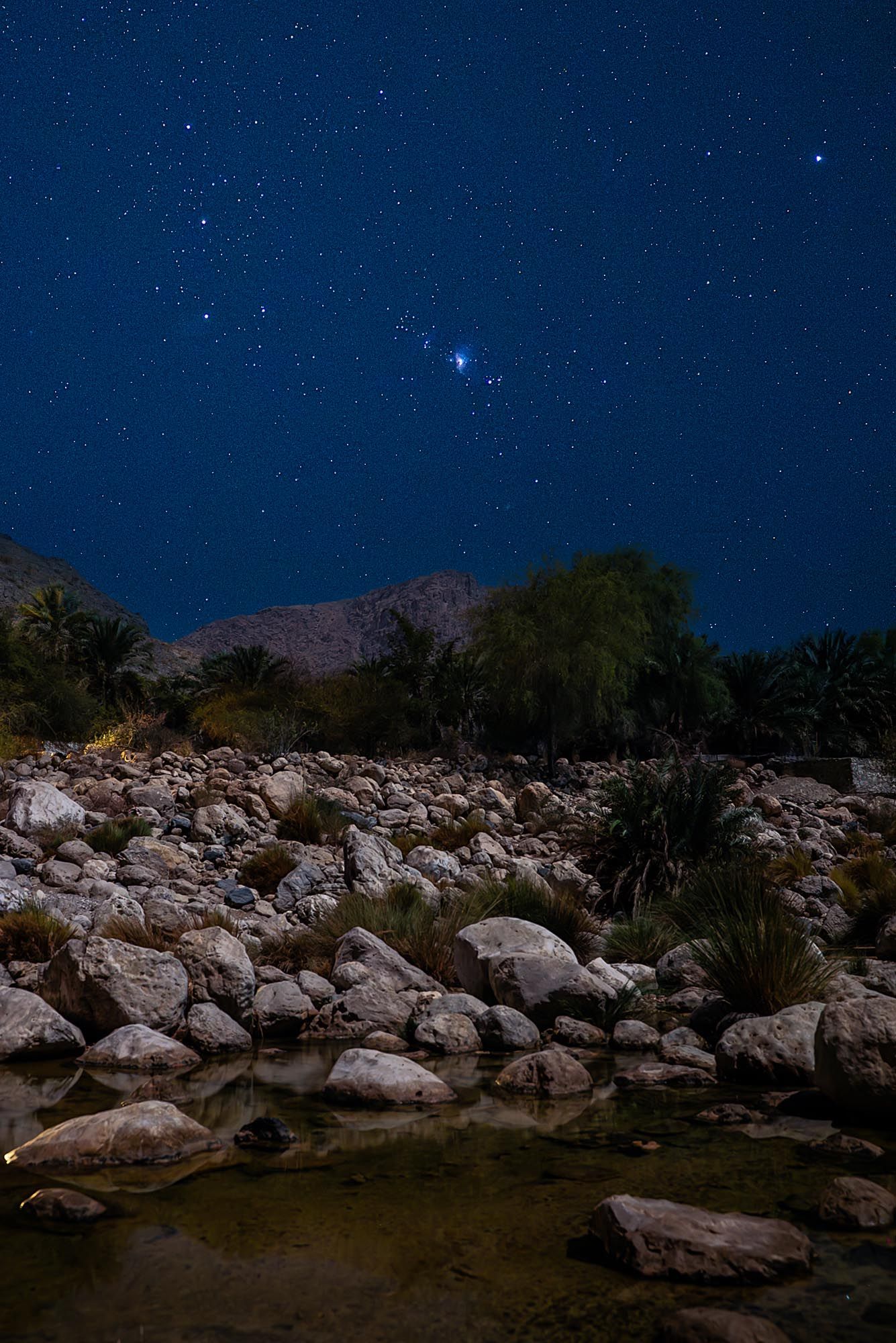 Rocky desert landscape under a starry night sky with mountains and palm trees silhouetted against the dark blue horizon. Wadi Al Arbeieen