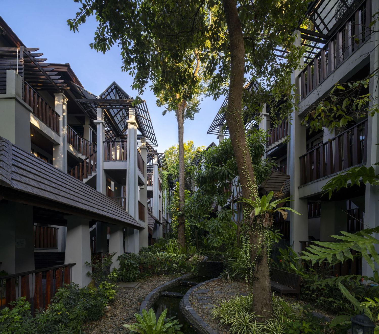 Modern townhouses with stone and wood facades nestled among lush tropical landscaping and tall palm trees.