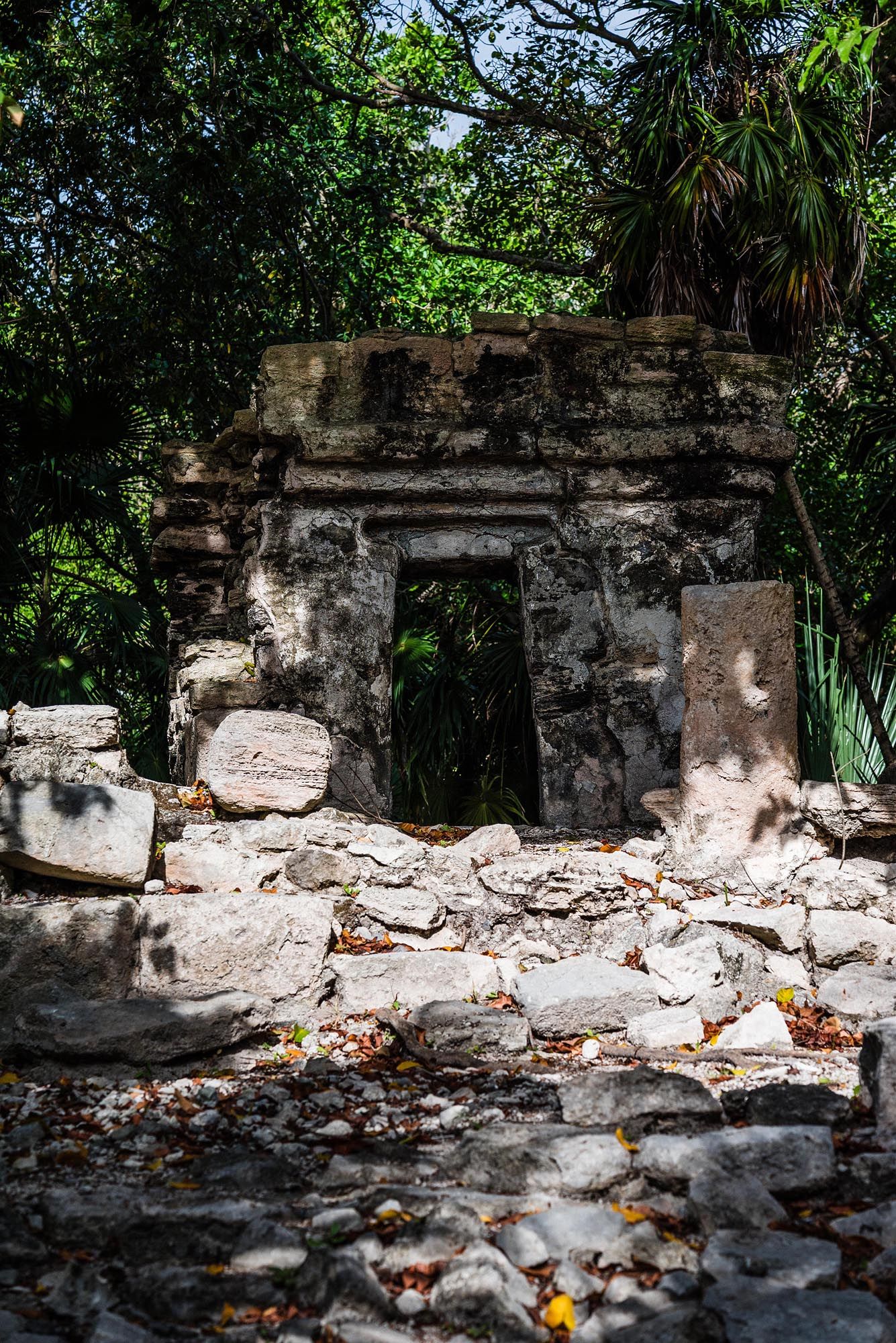 Crumbling stone wall ruins with scattered debris and lush tropical vegetation in the background.