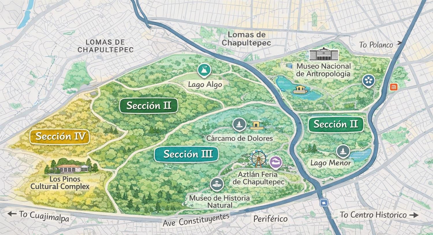 A detailed aerial map view showing streets, green spaces and urban areas with labeled sections and navigation markers.